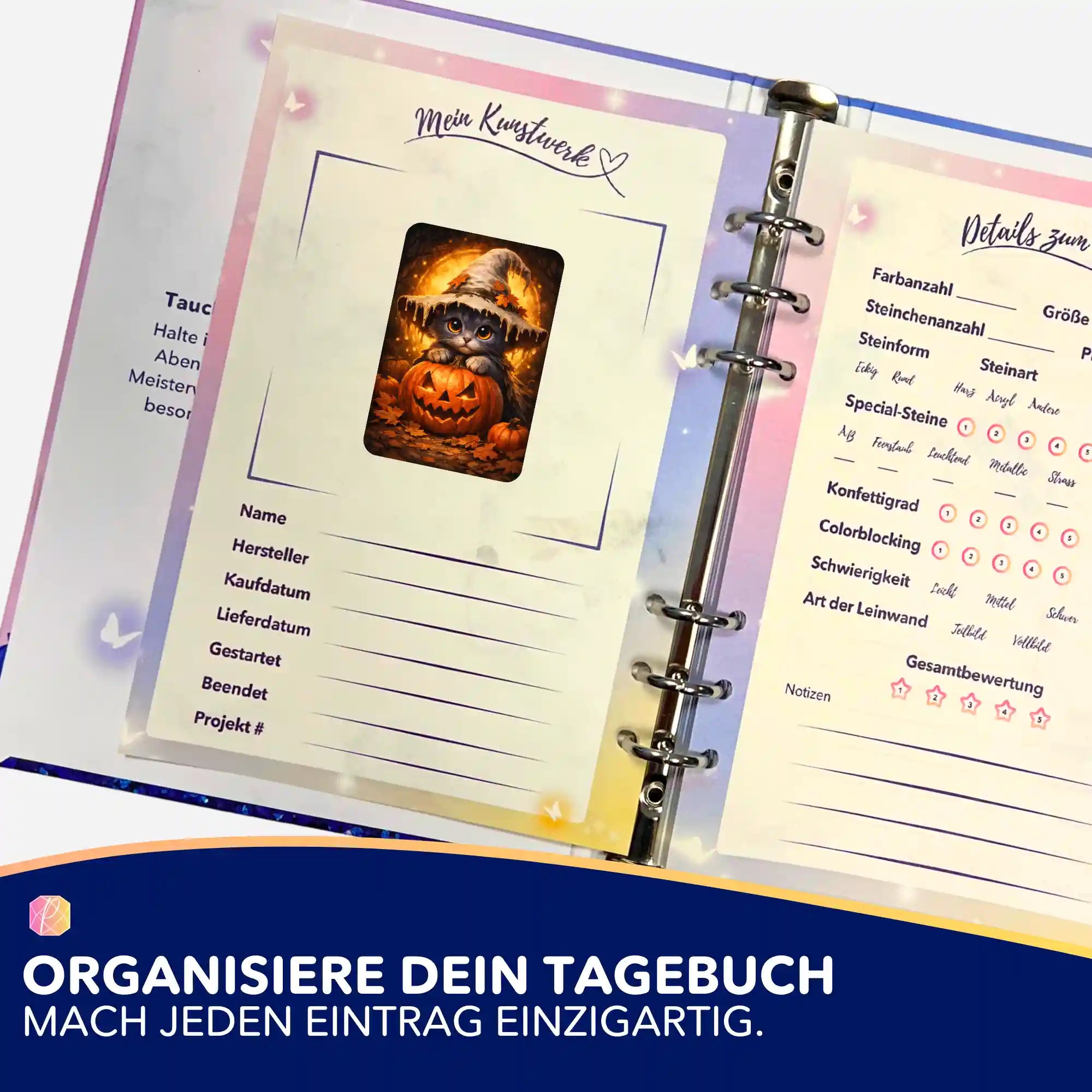 Kürbishexe-Sticker für Diamond Painting Tagebuch zur Organisation von DIY-Kunstwerken und Projektdetails