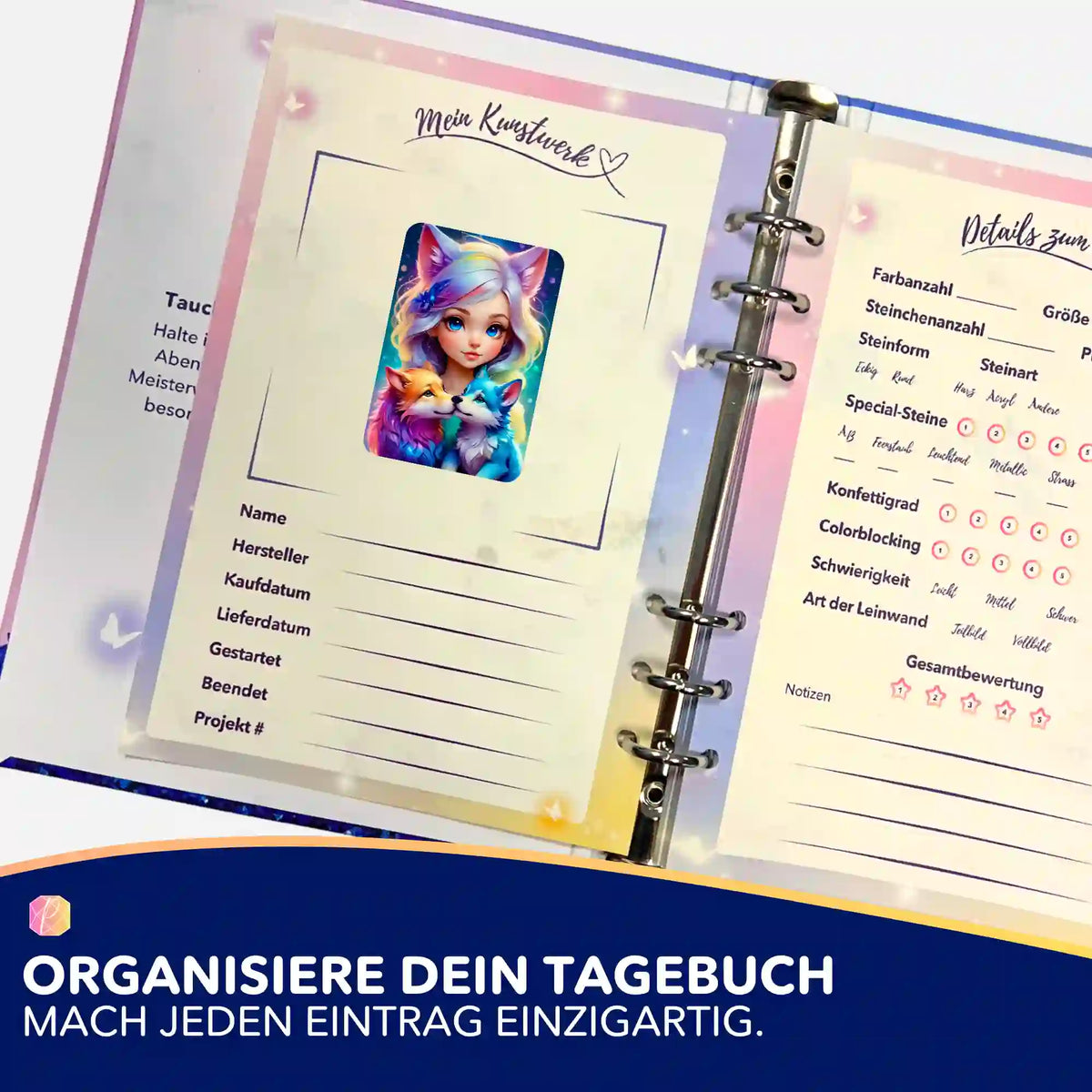 Picmondoo Aufkleber-Set mit Wolfsmädchen Finja Motiv für die Organisation deiner Diamond Painting Kunstwerke im Tagebuch