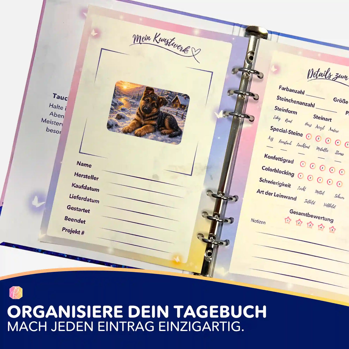 Diamond Painting Tagebuch Organizer mit Loki Winter-Sticker zur Dokumentation von Diamanten Painting Kunstwerken