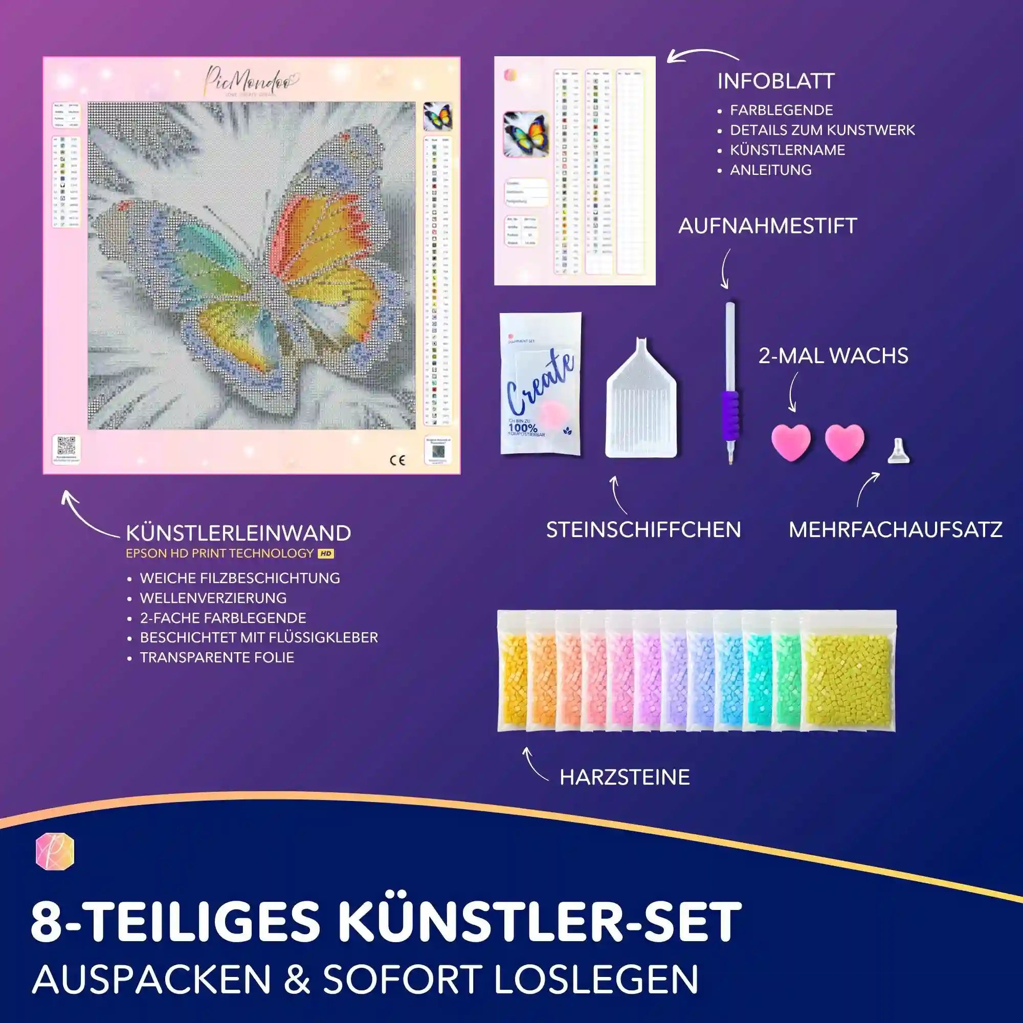 Diamond Painting Set Federleicht mit buntem Regenbogen-Schmetterling, Leinwand, Harzsteinen und Zubehör für DIY-Kunst.