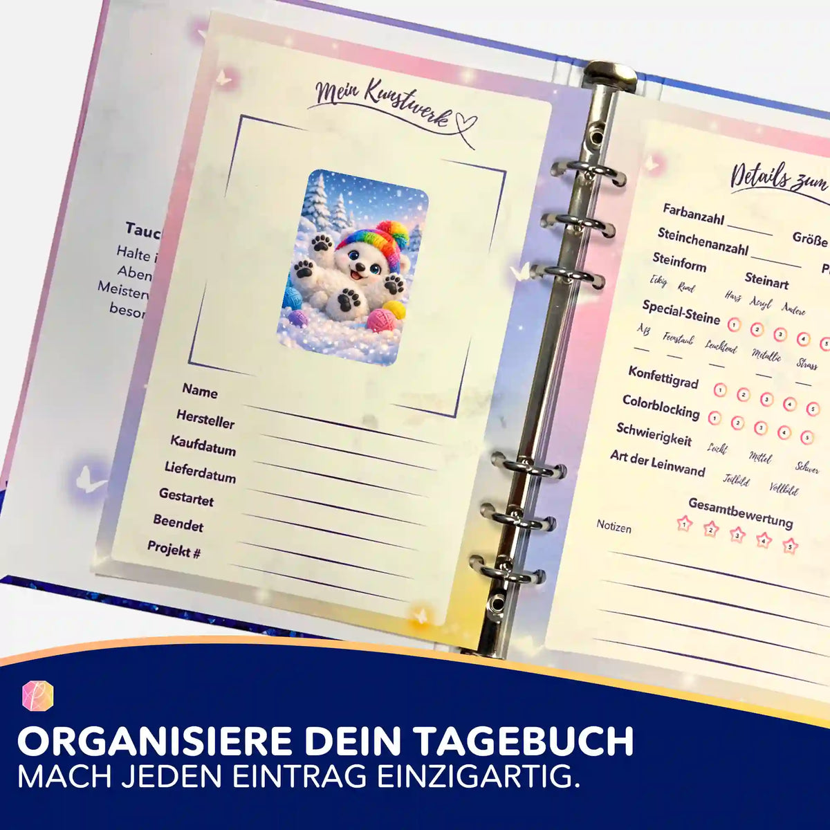 Diamond Painting Tagebuch Sticker mit Winterfreude Motiv zur Organisation von Kunstwerken und Bastelsets