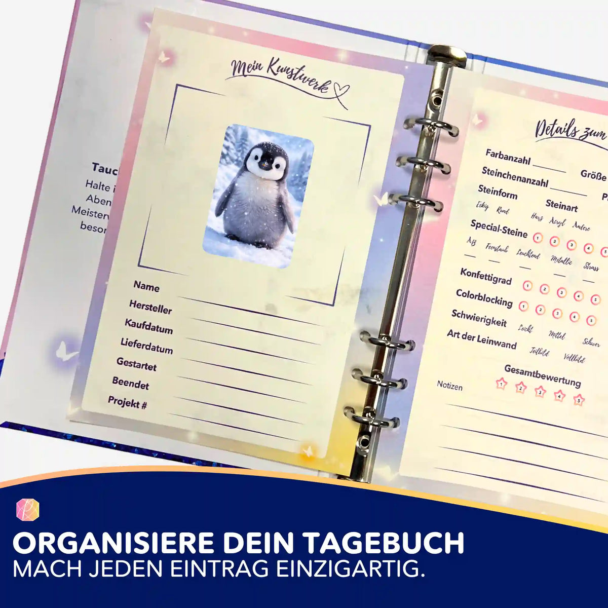 Picmondoo Diamond Painting Tagebuch mit Winterpieps Aufkleber zur Organisation von Diamond Painting Projekten
