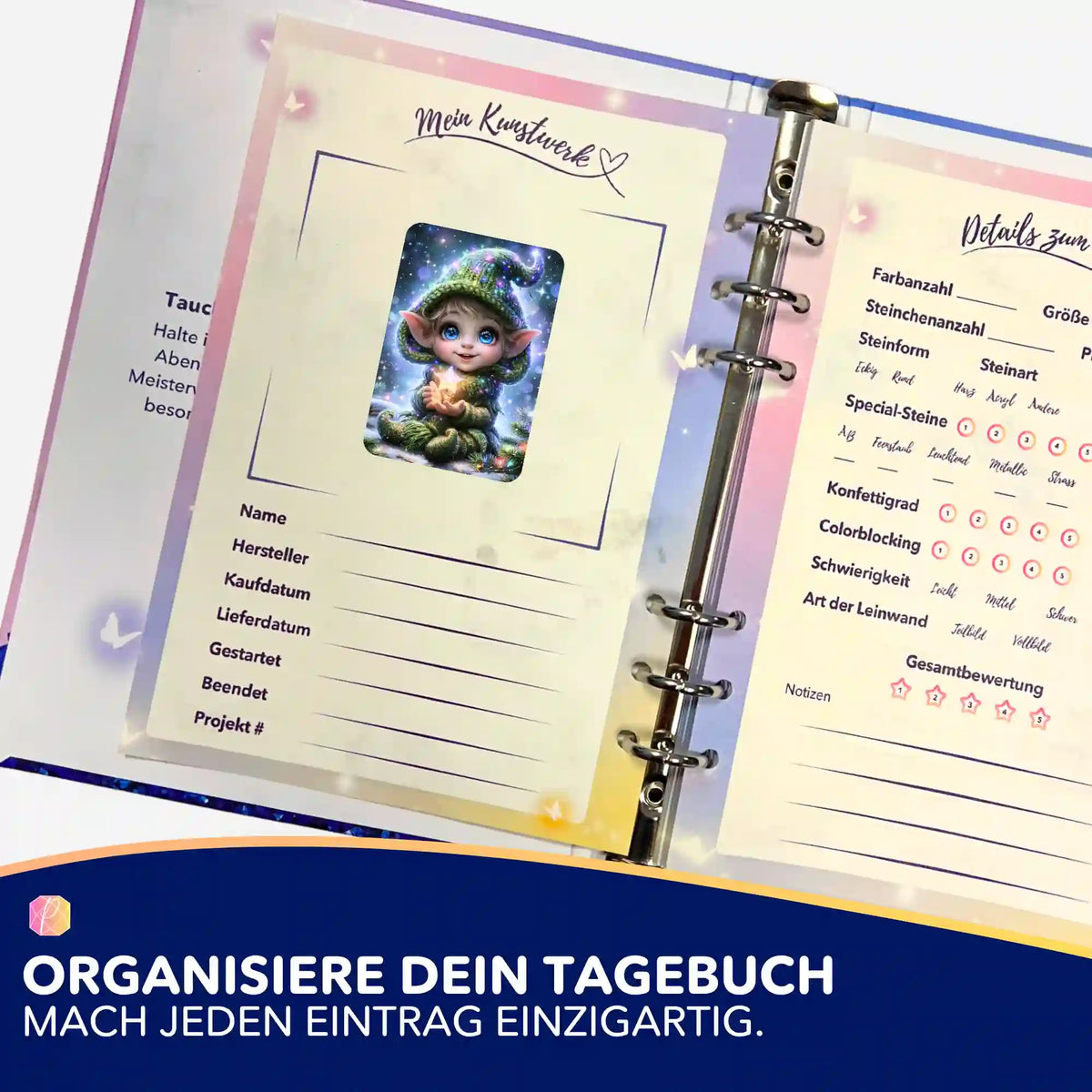 Diamond Painting Tagebuch für Organisation mit süßem Elf-Aufkleber zur Dokumentation deiner kreativen Projekte