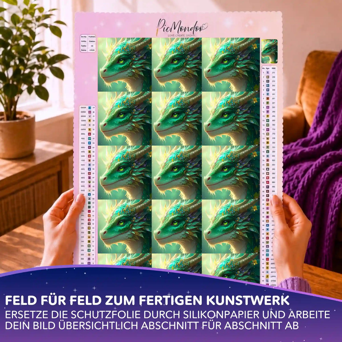 Diamond Painting Silikonpapier-Set Hüter des Smaragdwaldes mit grünem Drachen auf Leinwand