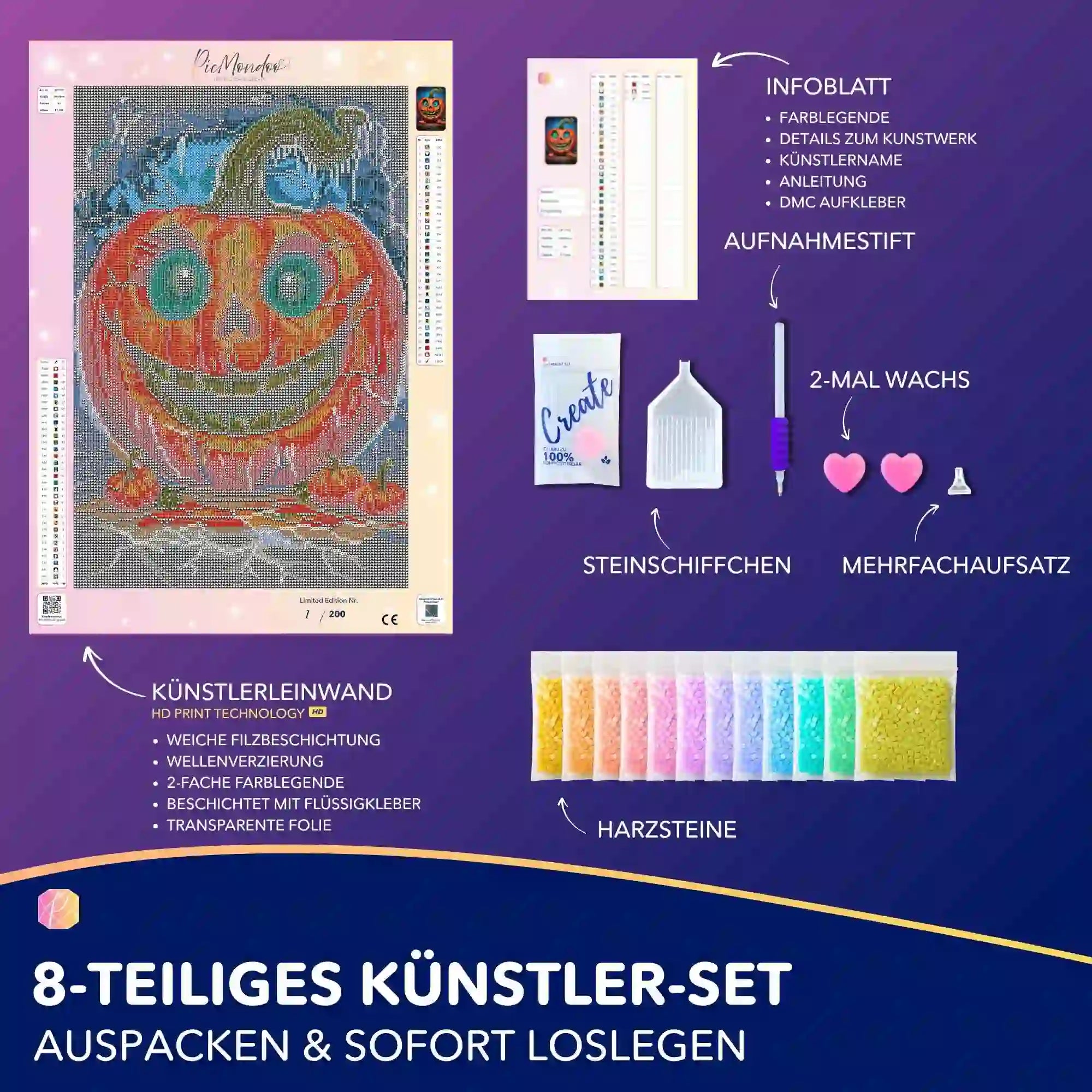 Diamond Painting Set Lächeln mit Nebenwirkungen: Leinwand mit Halloweenkürbis, Harzsteinen, Stift und Zubehör.