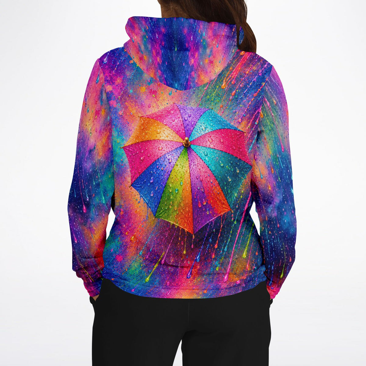 Dreamer Hoodie mit buntem Regenschirm Motiv im abstrakten Aquarell-Stil, ideal für Fans von Malen nach Zahlen Kunst.