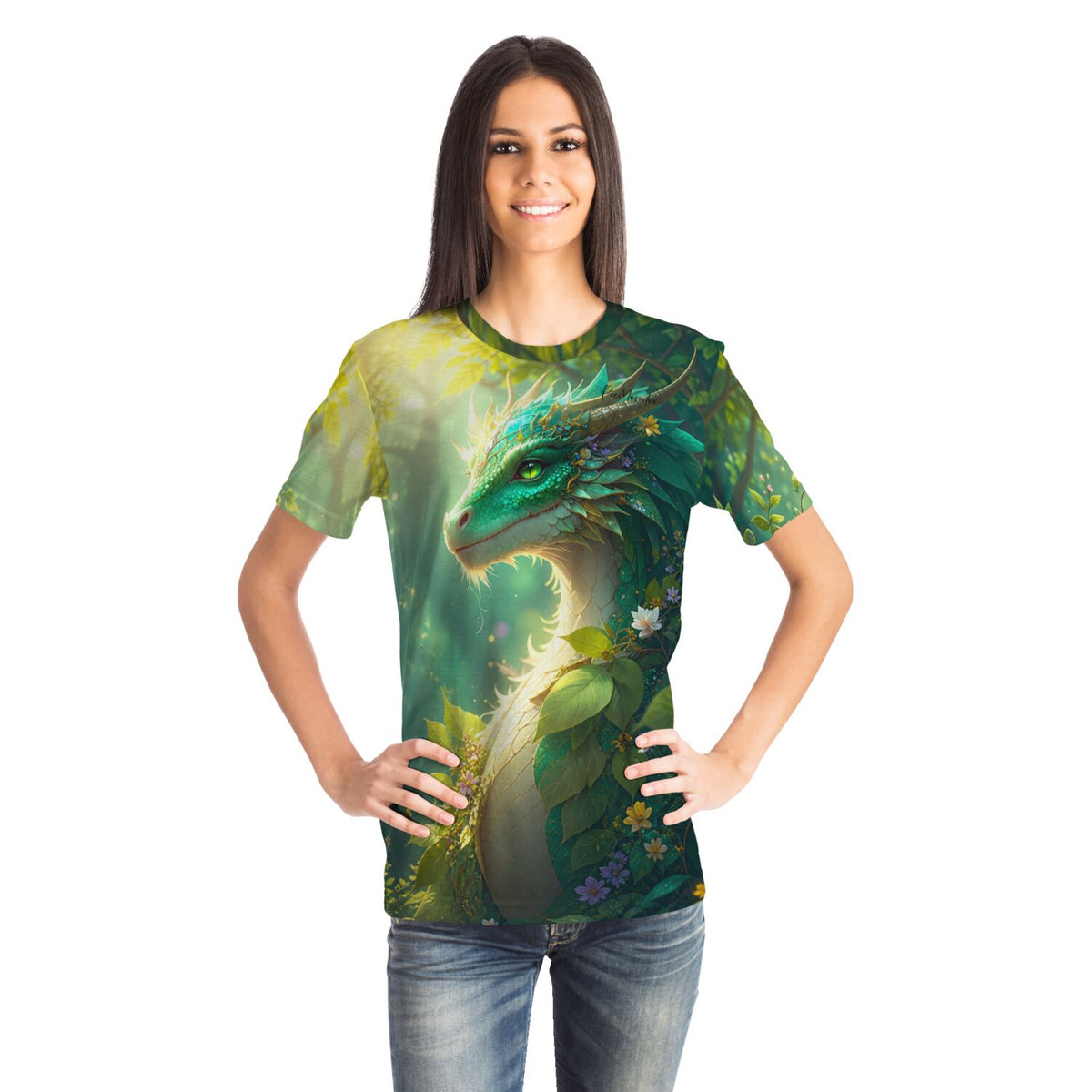 Frau trägt ein T-Shirt mit dem Motiv Hüter des Smaragdwaldes, ideal für Fans von Malen nach Zahlen und Diamond Painting