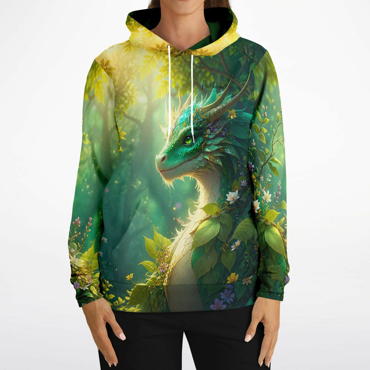 Dreamer Hoodie mit grünem Drachenmotiv aus dem Picmondoo Smaragdwald Design für Fans von Diamond Painting Kunst