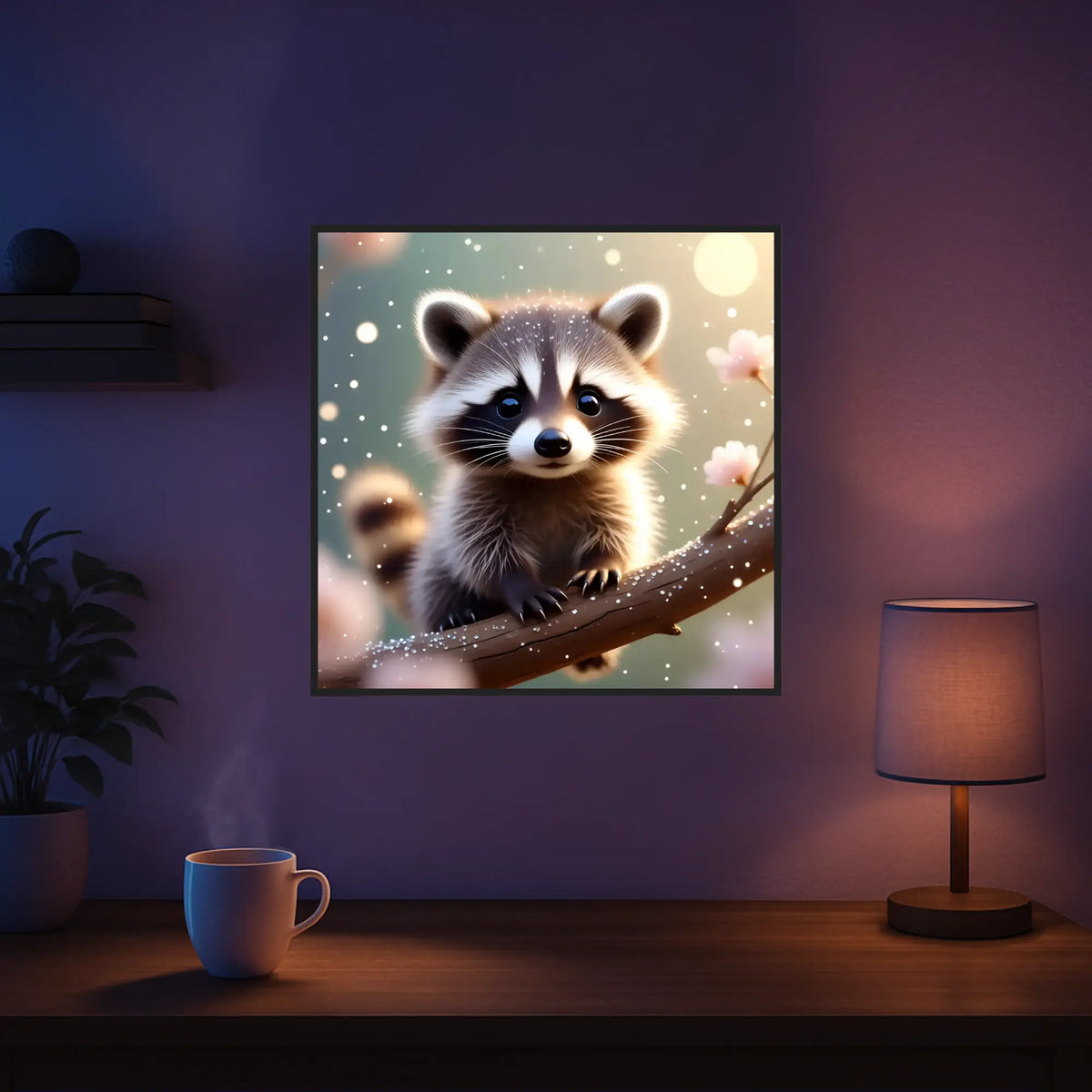 Diamond Painting Set mit süßem Waschbär auf einem Ast mit rosa Blüten in einer gemütlichen Stimmungsaufnahme.