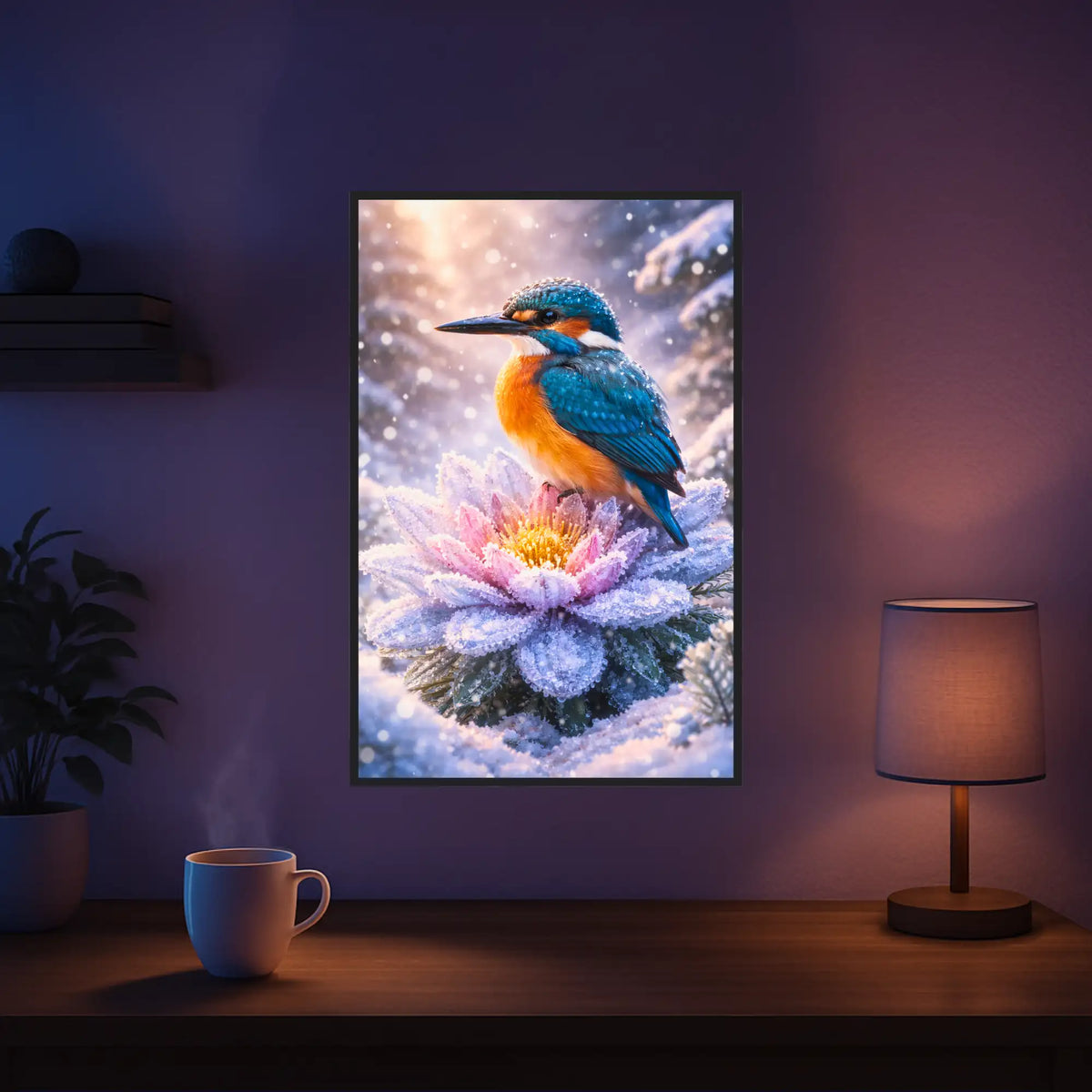 Diamond Painting: Bunter Eisvogel auf einer frostigen Blüte in zauberhafter Winterlandschaft