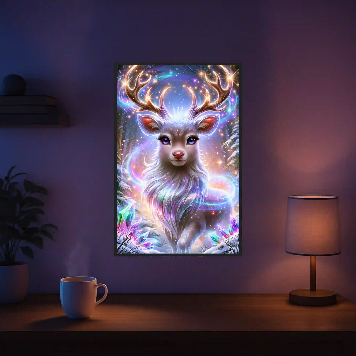Diamond Painting Set Magie des Winterwaldes mit Rentier im Schnee, glitzernden Kristallen und leuchtenden Lichteffekten.