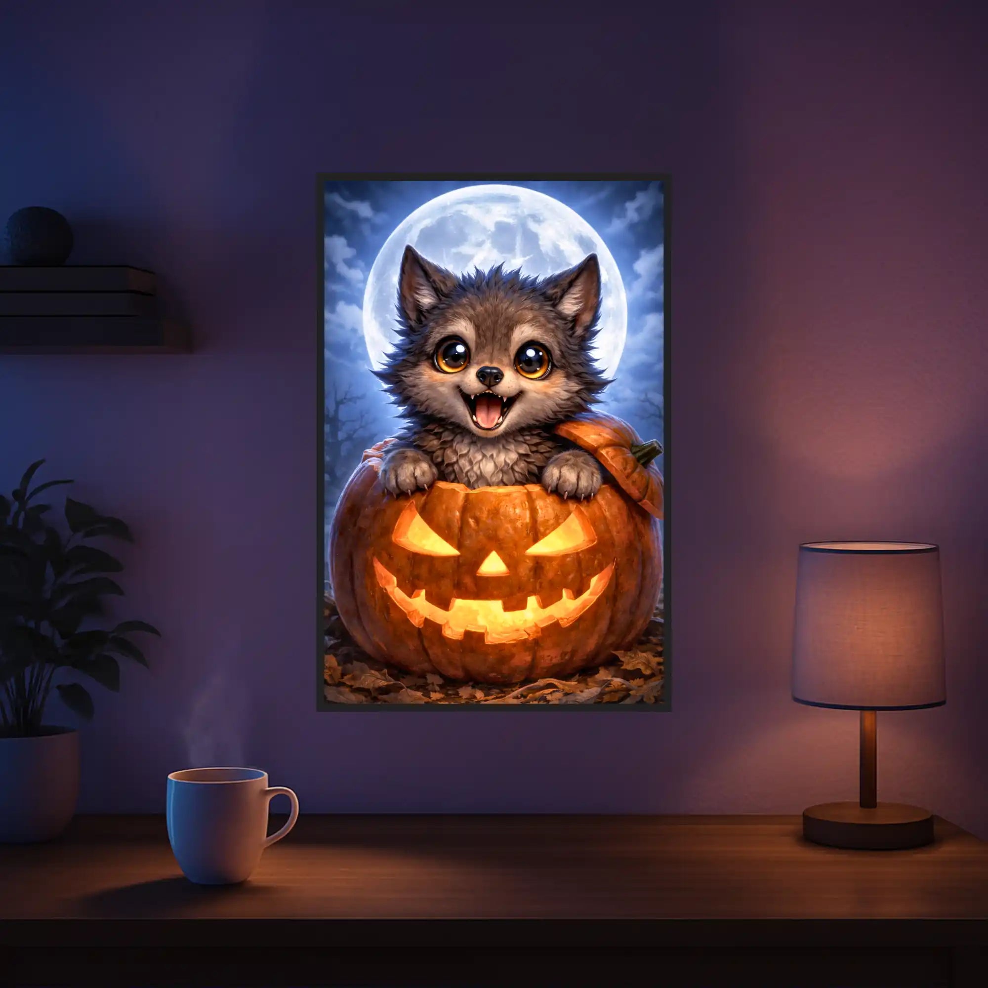 Diamond Painting Set: Niedlicher Wolfswelpe in einem leuchtenden Halloween-Kürbis vor Vollmond bei Nacht.