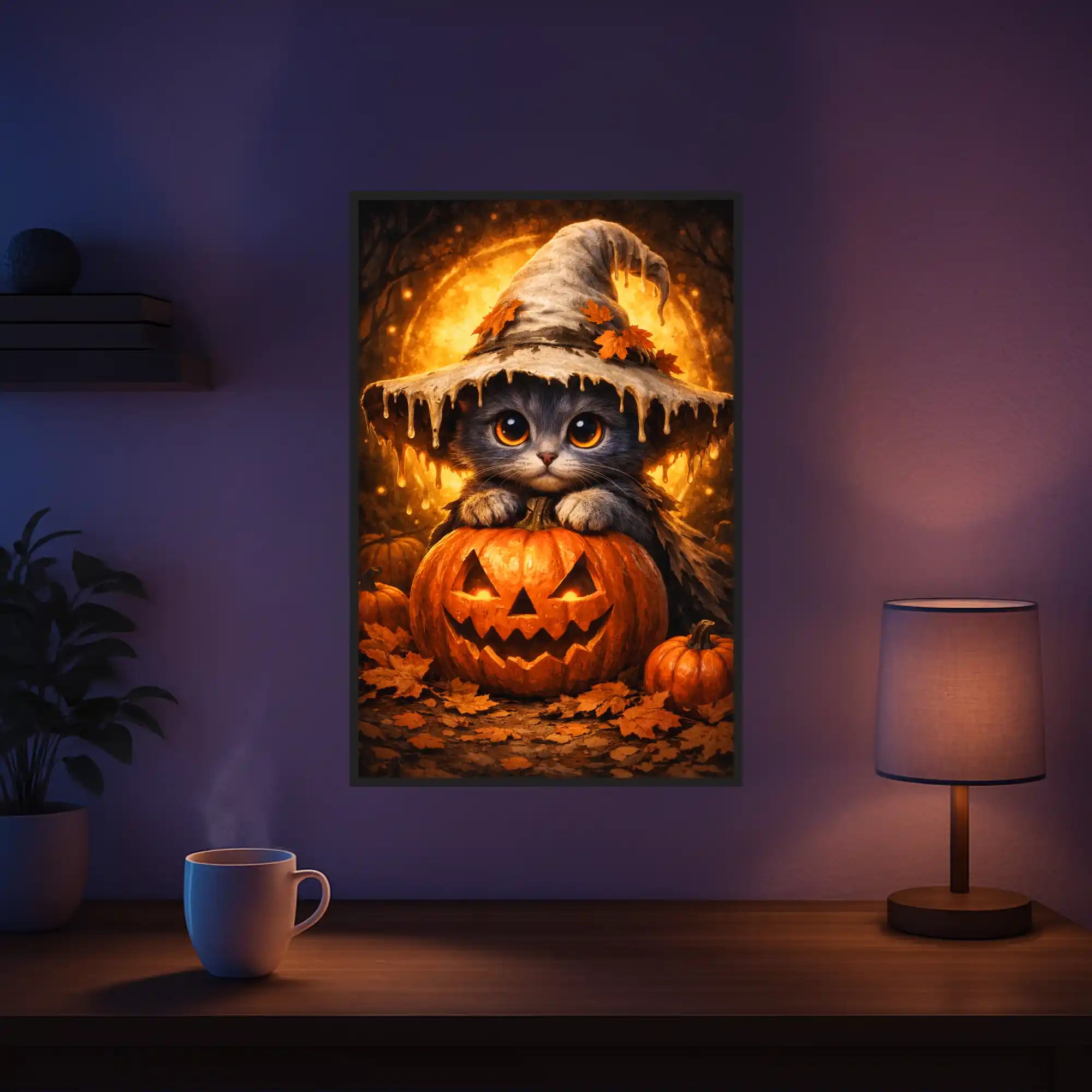 Diamond Painting Set kleine Kürbishexe als Katze mit Hexenhut und leuchtendem Kürbis in herbstlicher Halloween Kulisse.
