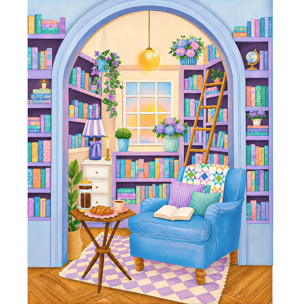 Malen nach Zahlen für Erwachsene: Gemütliche Leseecke in Pastellfarben mit Büchern, blauem Sessel und Blumen.
