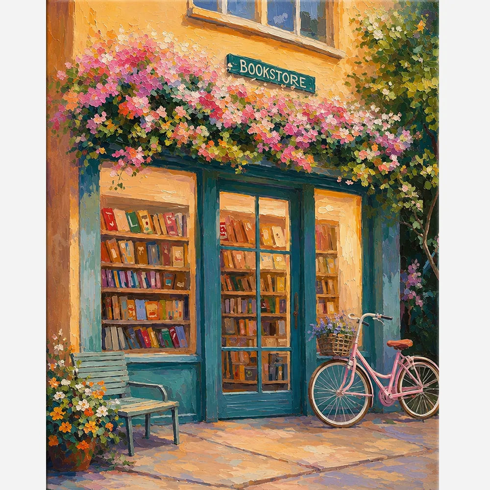 Malen nach Zahlen für Erwachsene: Idyllische Buchhandlung mit rosa Blüten, blauem Fahrrad und Bücherregalen.