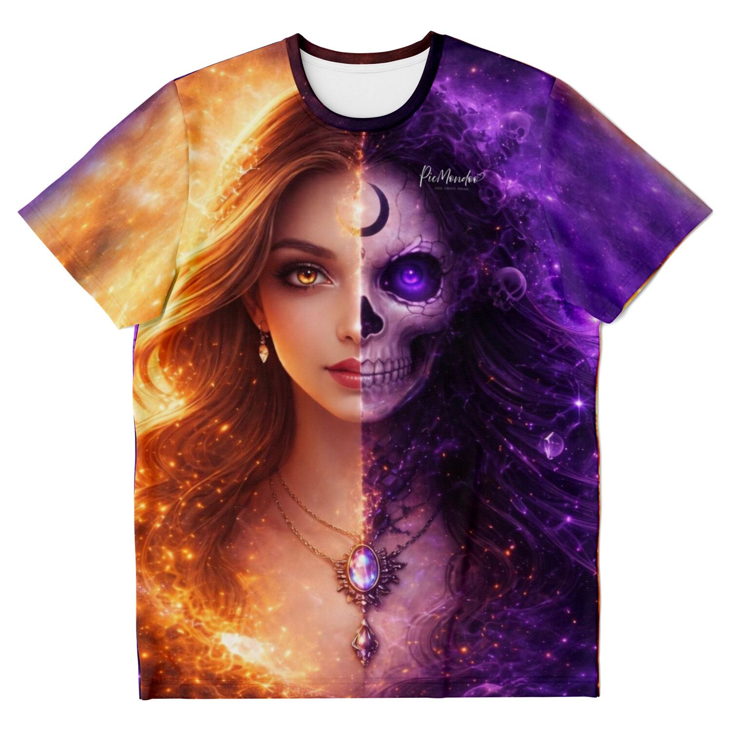 Dreamer T-Shirt mit mystischem Motiv einer Frau und Totenkopf – inspiriert von Diamond Painting und Kunstdesigns