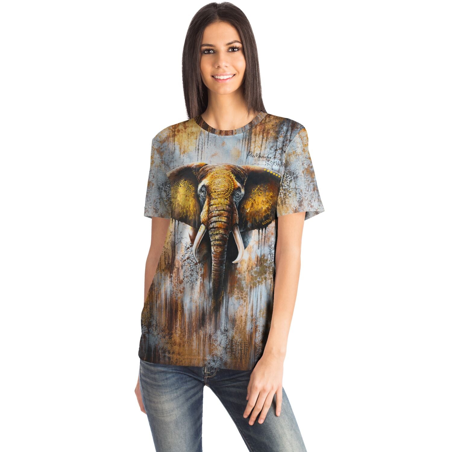 Frau trägt ein T-Shirt mit künstlerischem Elefanten-Print, inspiriert von unseren Diamond Painting & Malen nach Zahlen Motiven