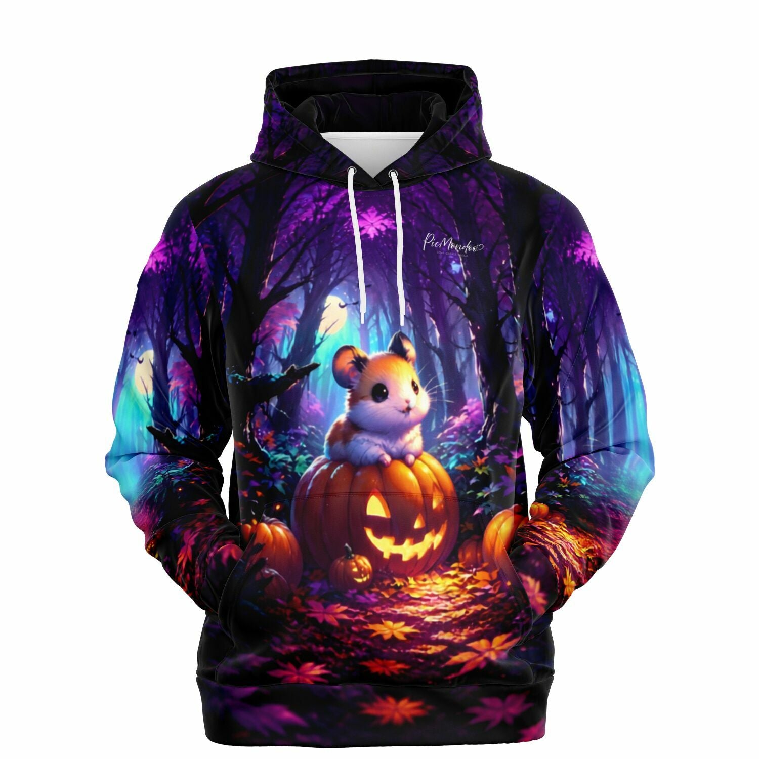 Dreamer Hoodie Pumpkin Whispers mit niedlichem Hamster auf Kürbis in dunklem Wald illustriert