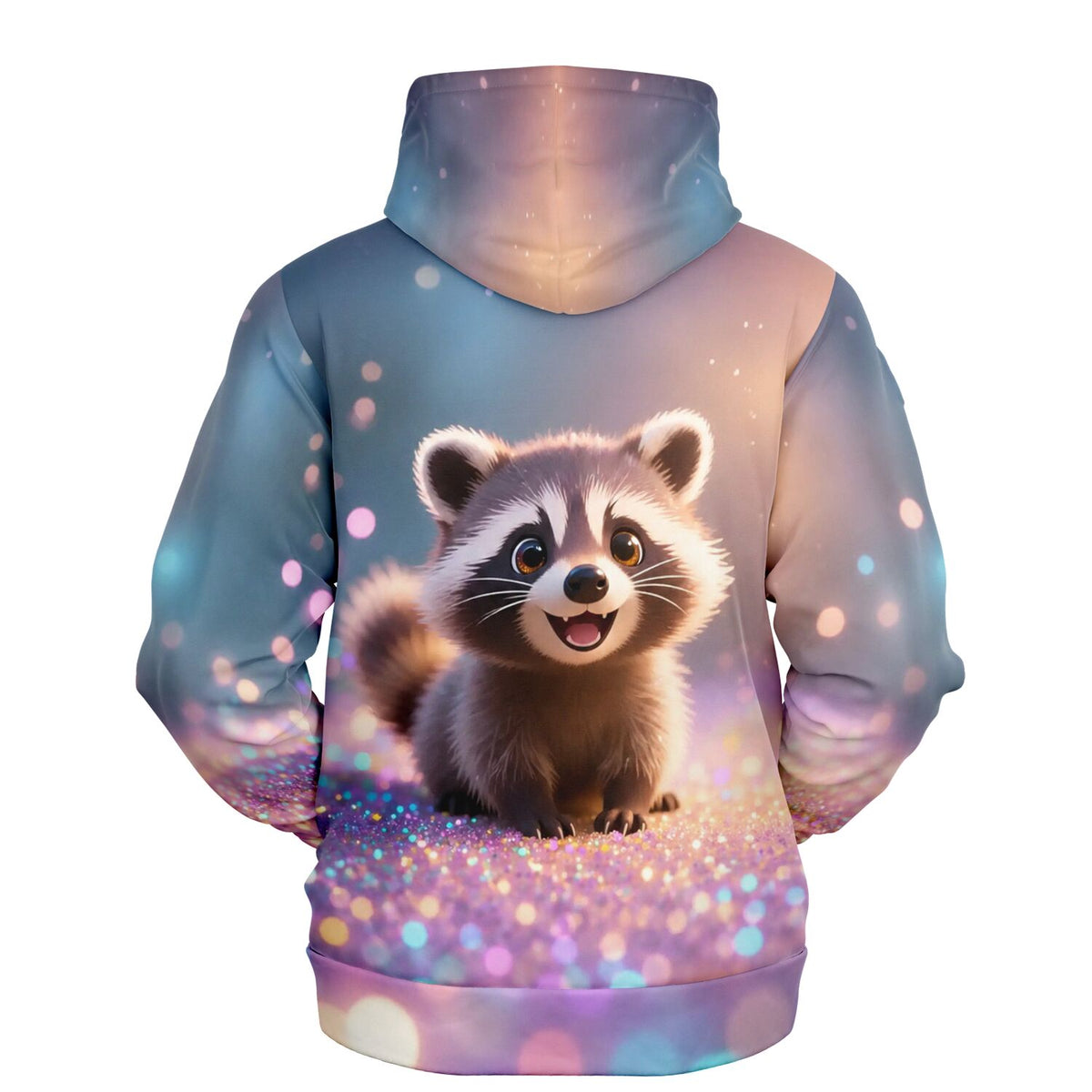 Dreamer Hoodie mit niedlichem Waschbär Motiv, hochwertiger AOP-Druck in glitzernden Farben für Fans von DIY-Kunst.
