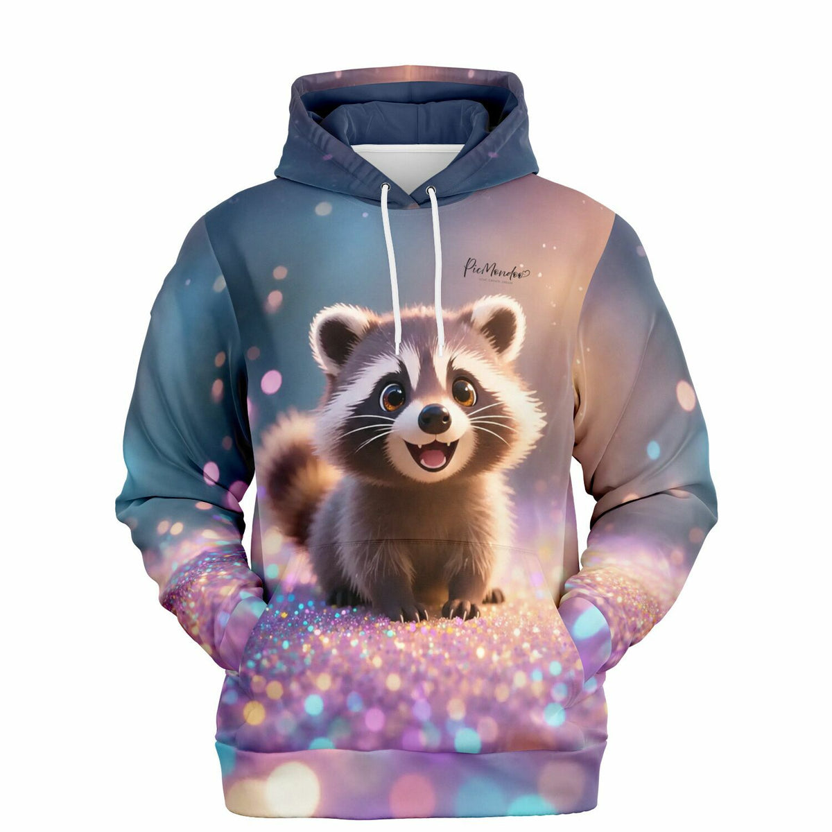 Dreamer Hoodie von Picmondoo mit niedlichem Waschbär-Motiv und glitzerndem Design im Diamond Painting Stil