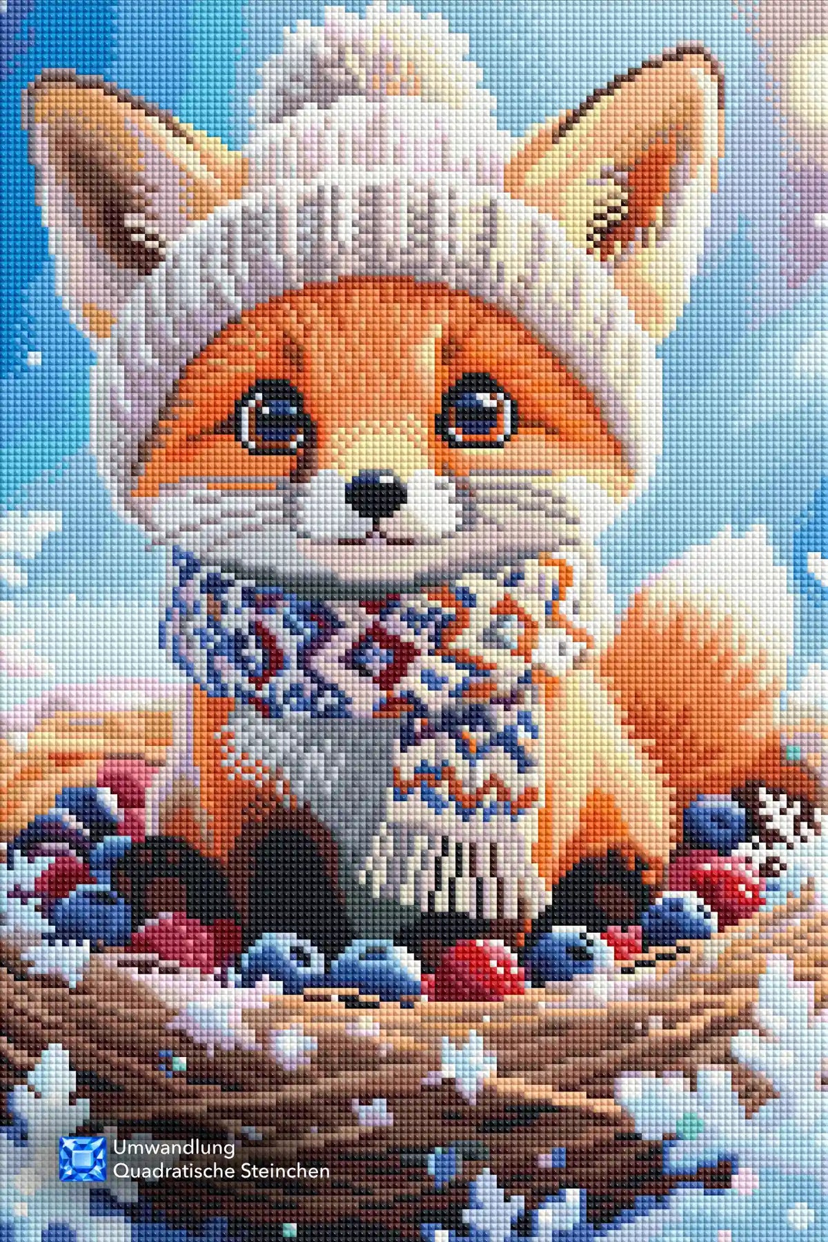 Diamond Painting Motiv: Niedlicher Fuchs mit Strickmütze und Schal im Beerenkorb im Schnee