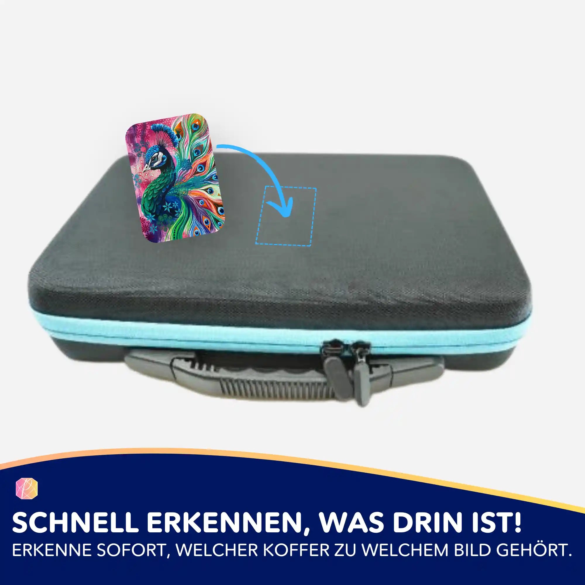 Bunter Pfau-Sticker aus dem Diamond Painting Set zur Kennzeichnung des Aufbewahrungskoffers für Hobby-Bastler