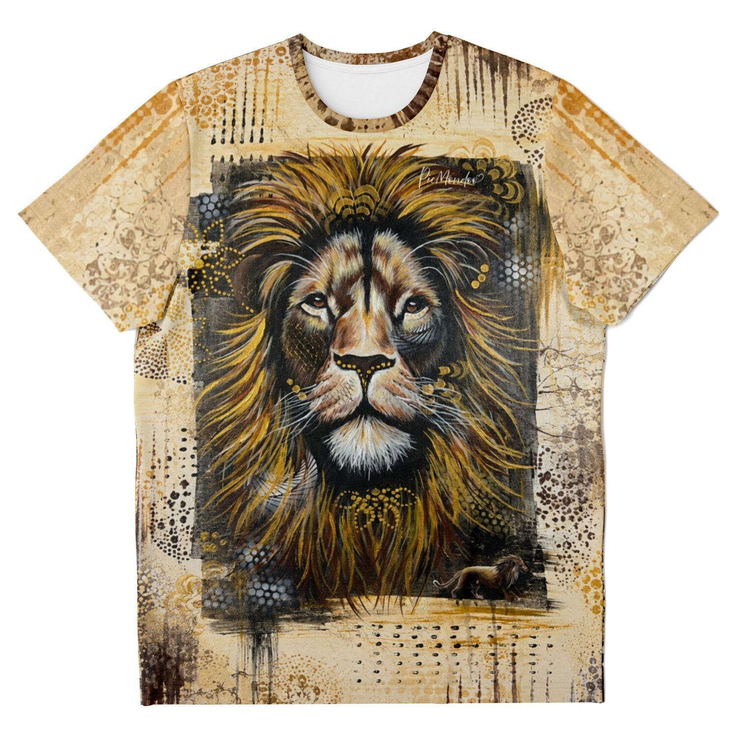 T-Shirt mit Löwen-Motiv im Stil von Diamond Painting, gold-braune Farbpalette mit künstlerischen Details