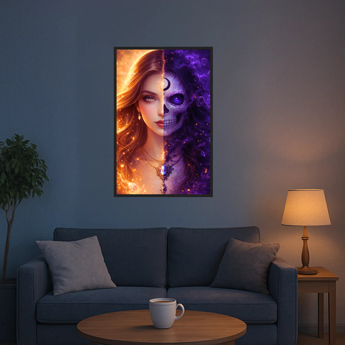 Diamond Painting Set eines mystischen Fantasy-Frauenporträts mit Totenkopf, Mondsymbol und Kontrastfarben als Wandbild.