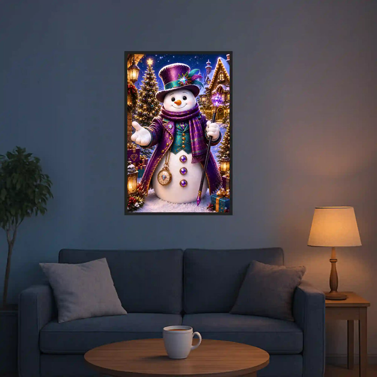 Diamond Painting Set Winterzauber mit magischem Schneemann in violetter Kleidung vor winterlicher Kulisse als Wandbild.