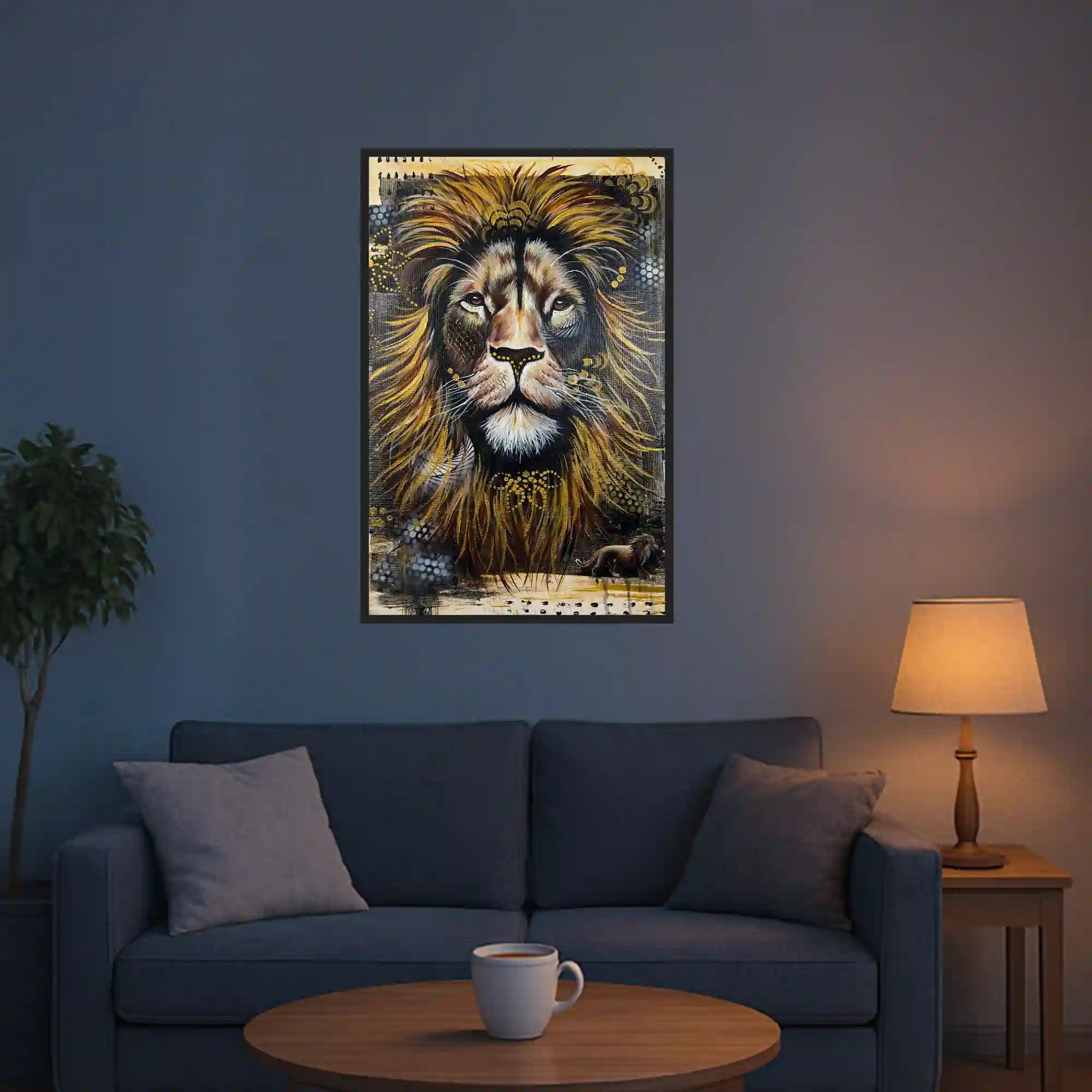 Diamond Painting Löwe mit goldener Mähne als majestätisches Tierporträt in Schwarz-Gold-Optik für DIY-Fans