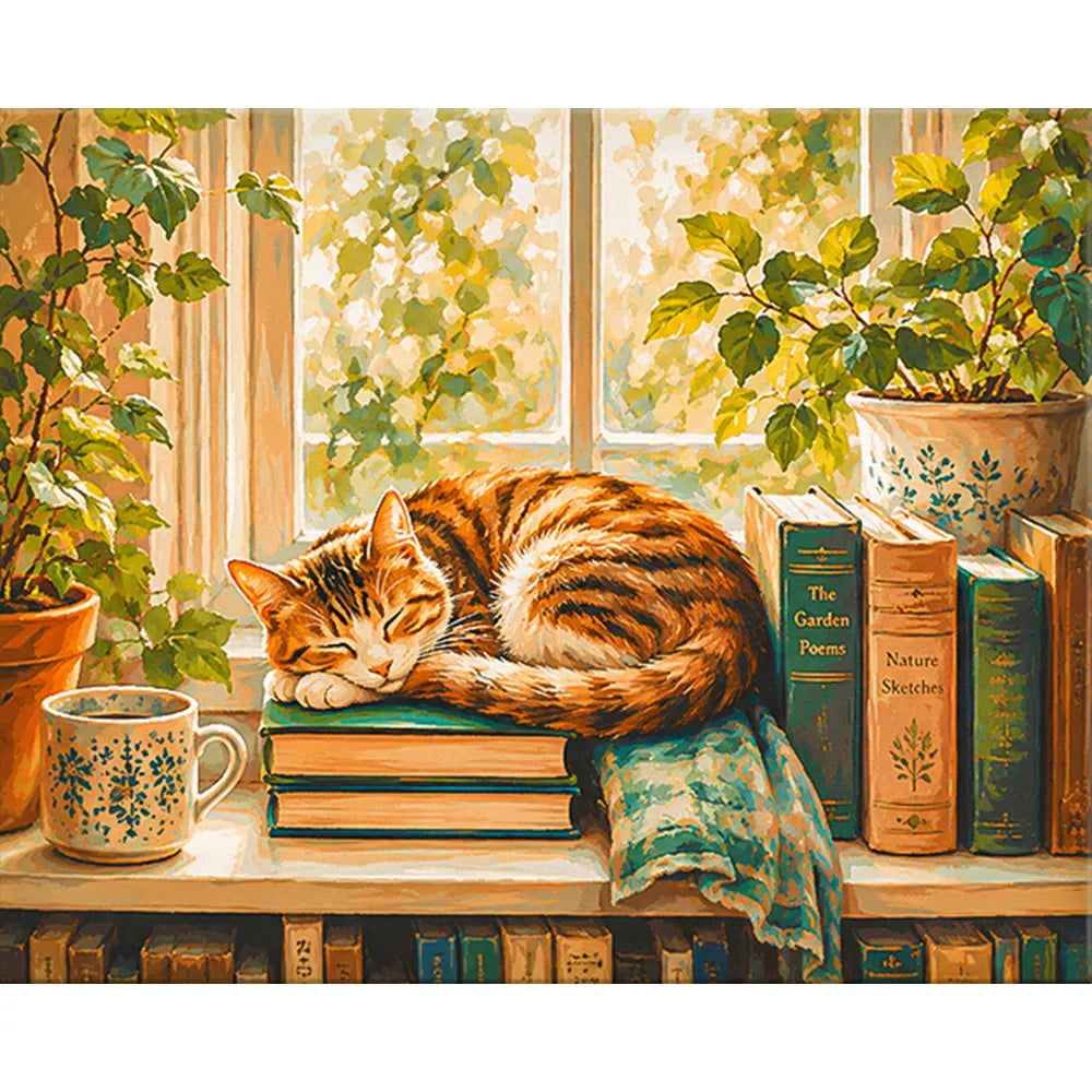 Malen nach Zahlen für Erwachsene: schlafende getigerte Katze auf Büchern vor einem sonnigen Fenster mit Pflanzen