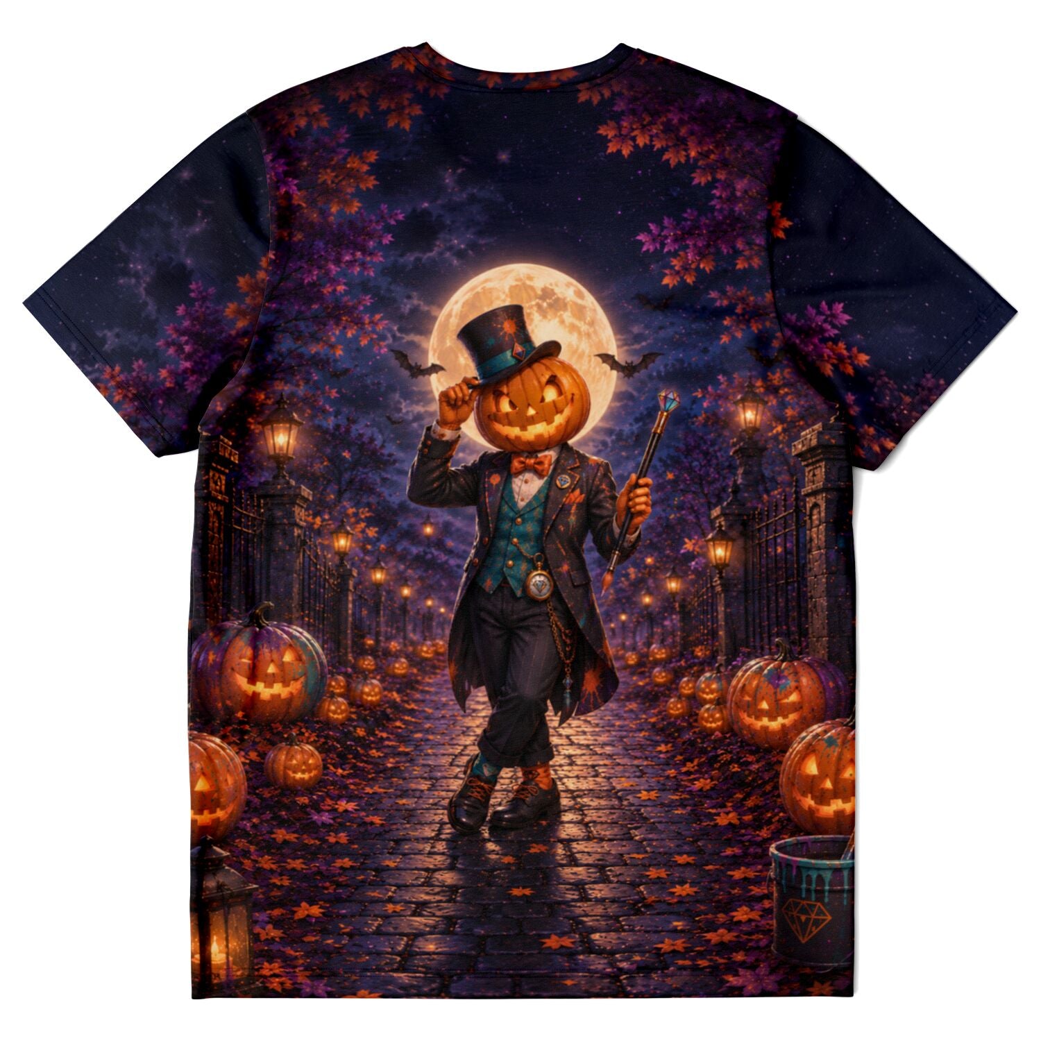 T-Shirt mit Herbstnacht Motiv: Kürbiskopf-Gentleman im Diamond Painting Stil vor Vollmond und gruseliger Allee