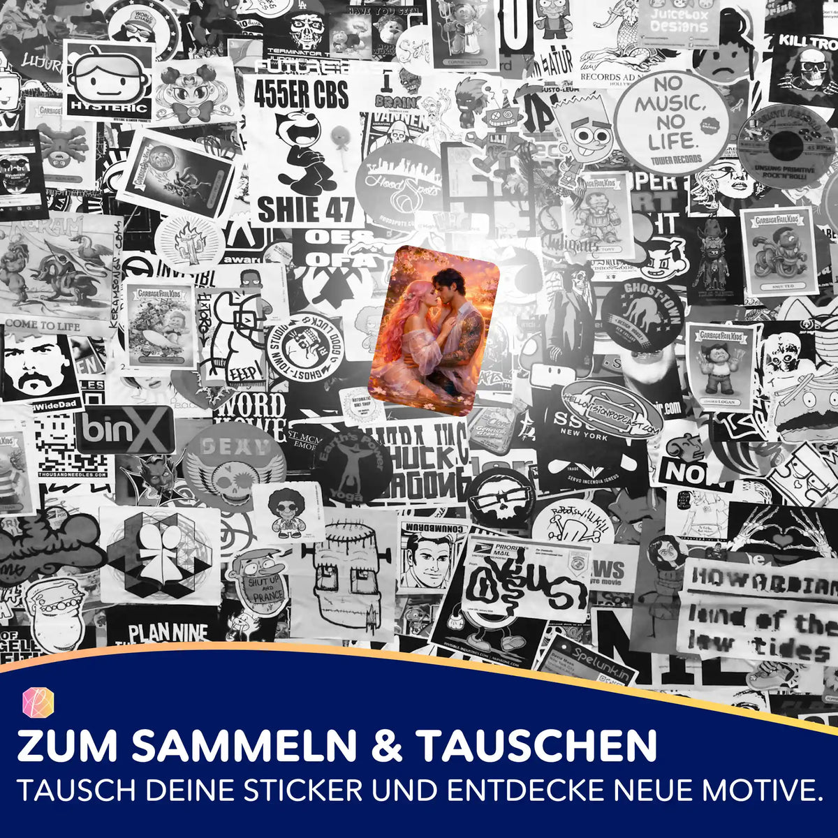 Fünfer-Set Picmondoo Aufkleber mit romantischem Diamond Painting Motiv auf einer Collage aus verschiedenen Stickern