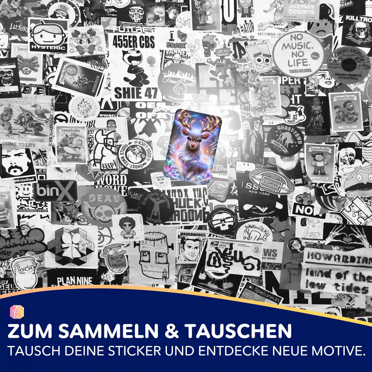 Farbenfroher Hirsch-Sticker aus dem Picmondoo Diamond Painting Zubehör Set auf einer collageartigen Sticker-Wand