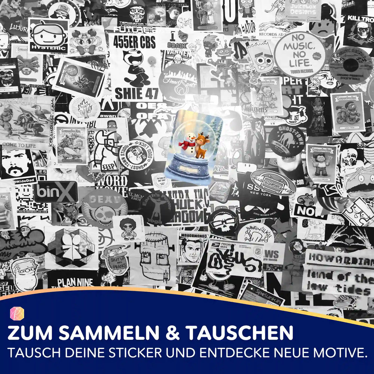 Best Friends Sticker Set für Diamond Painting Fans als farbenfrohes Highlight auf einer schwarz-weißen Sticker-Wand