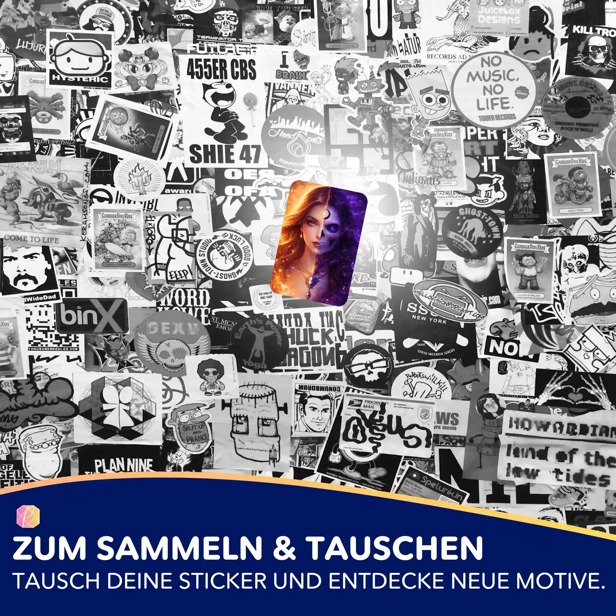 Farbiger Die Schönheit des Unausweichlichen Aufkleber für Diamond Painting und Bastelsets auf einer schwarz-weißen Collage