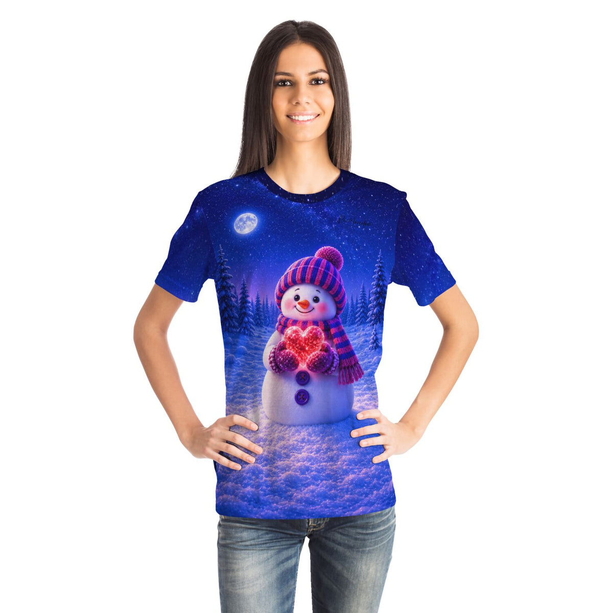 Frau trägt blaues T-Shirt mit Schneemann-Motiv, perfekt für Fans von Malen nach Zahlen und Diamond Painting