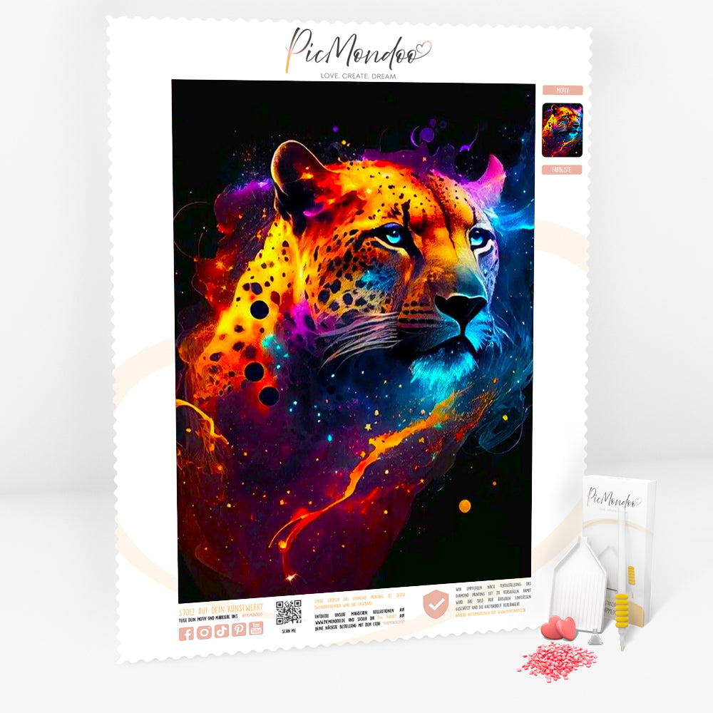 Diamond Painting Leuchtbild Special Leinwand Leopard im bunten Universum