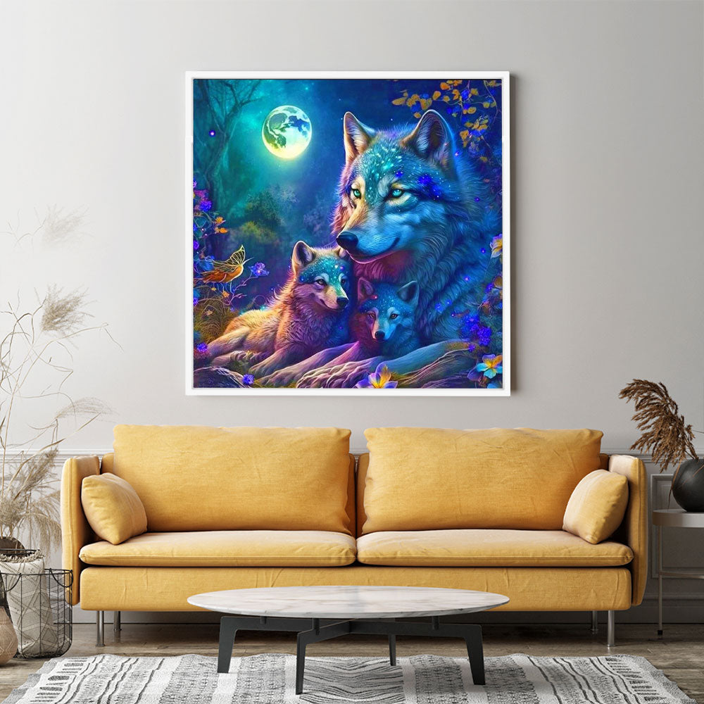 Diamond Painting Wandgestaltung Wölfe im bunten Mondlicht