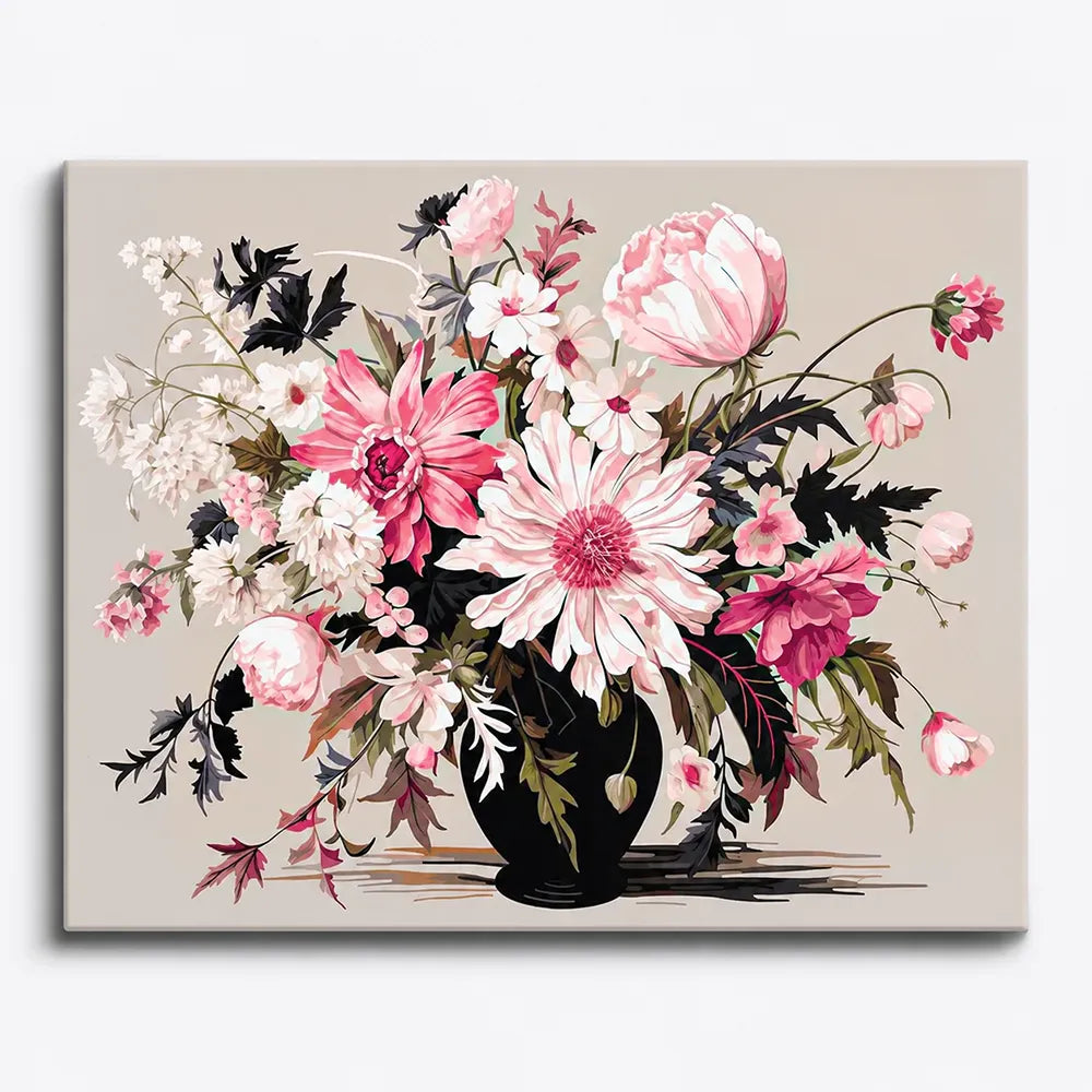 Malen nach Zahlen für Erwachsene: Anmut der Blüten mit rosa Blumenstrauß in einer schwarzen Vase als dekoratives Set.