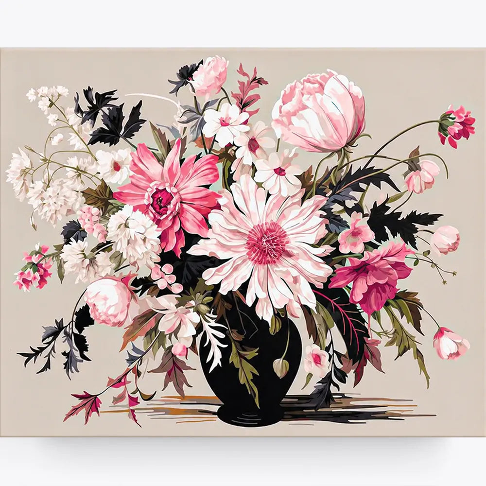Malen nach Zahlen für Erwachsene: Blumenstrauß mit rosa Blüten und schwarzer Vase aus dem Set Anmut der Blüten