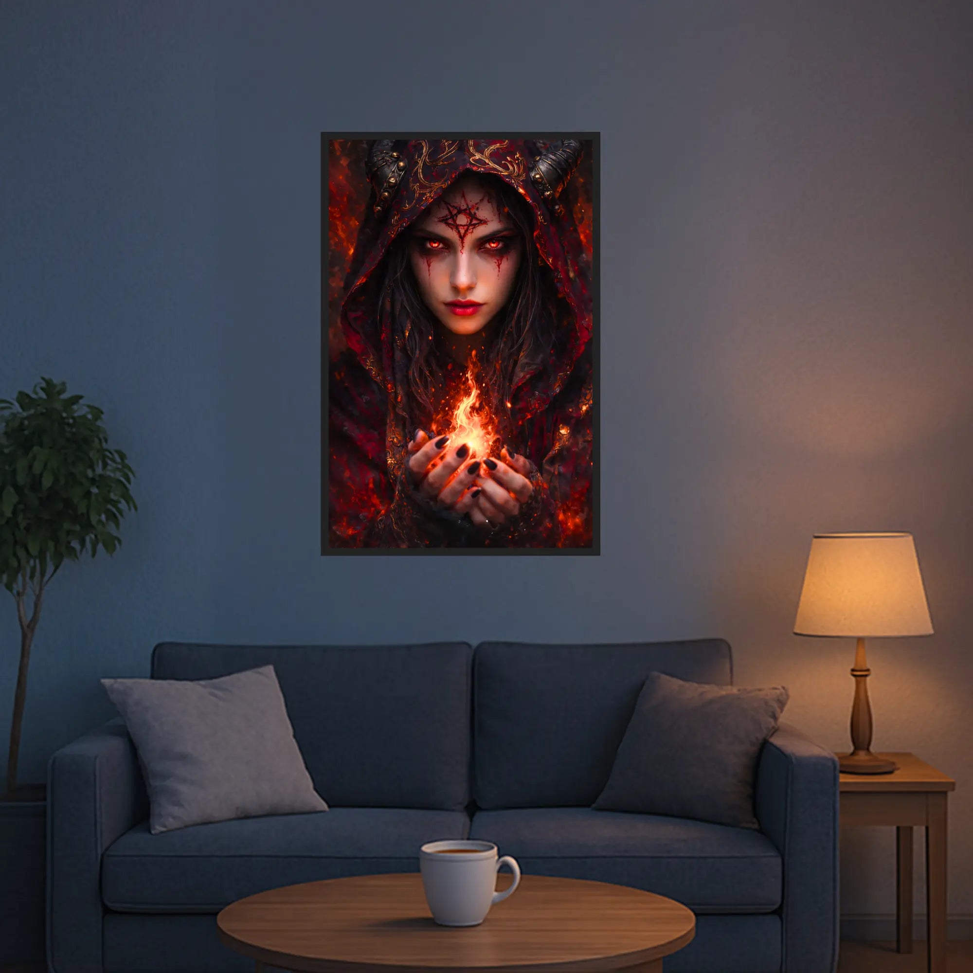 XXL Diamond Painting Set Lilith mit mystischem Feuer-Motiv, Gothic Frau mit leuchtenden Augen und Kapuze an einer Wohnwand.