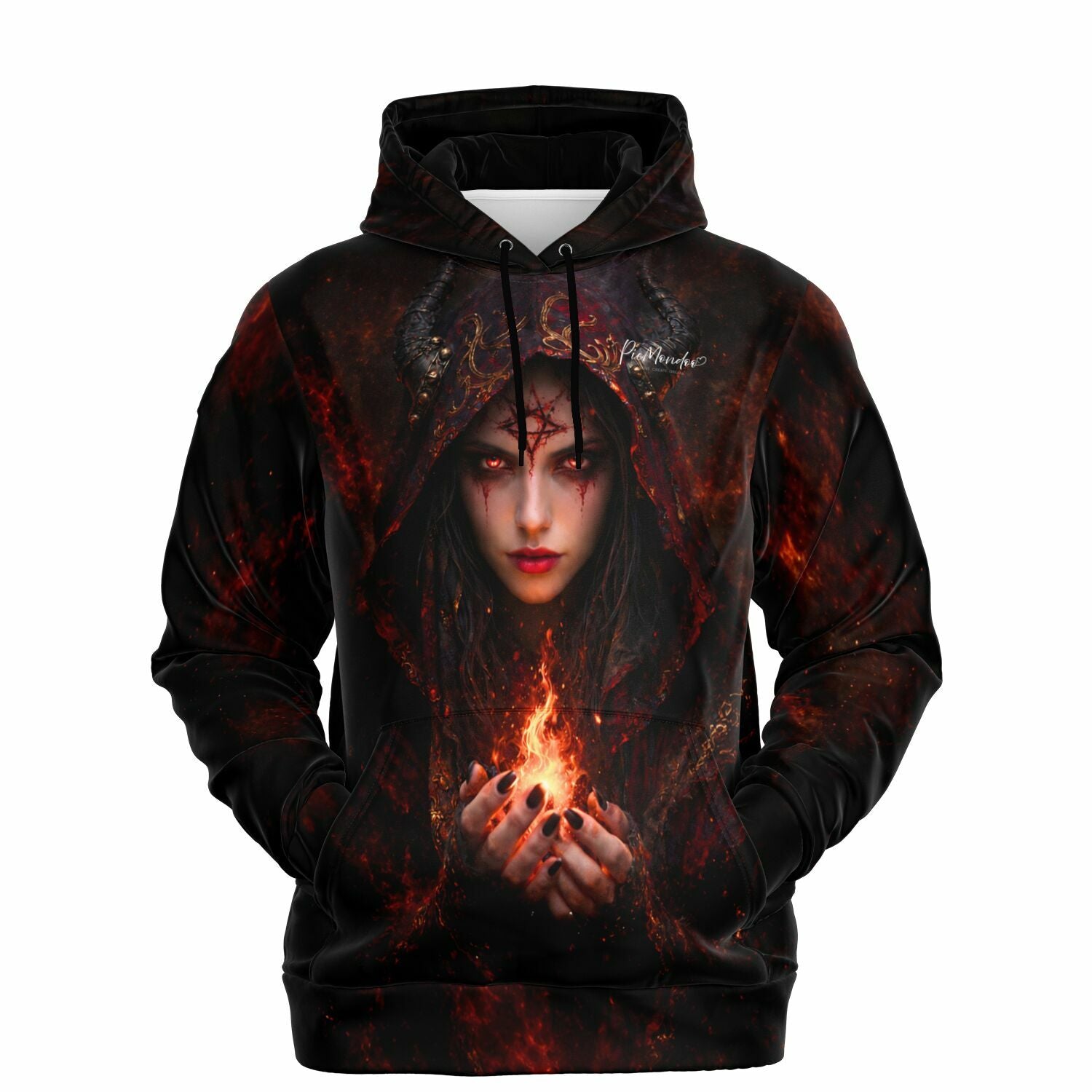 Schwarzer Dreamer Hoodie Lilith Motiv mit feurigen Akzenten, ideal für Fans von Diamond Painting und Fan-Art-Fashion.