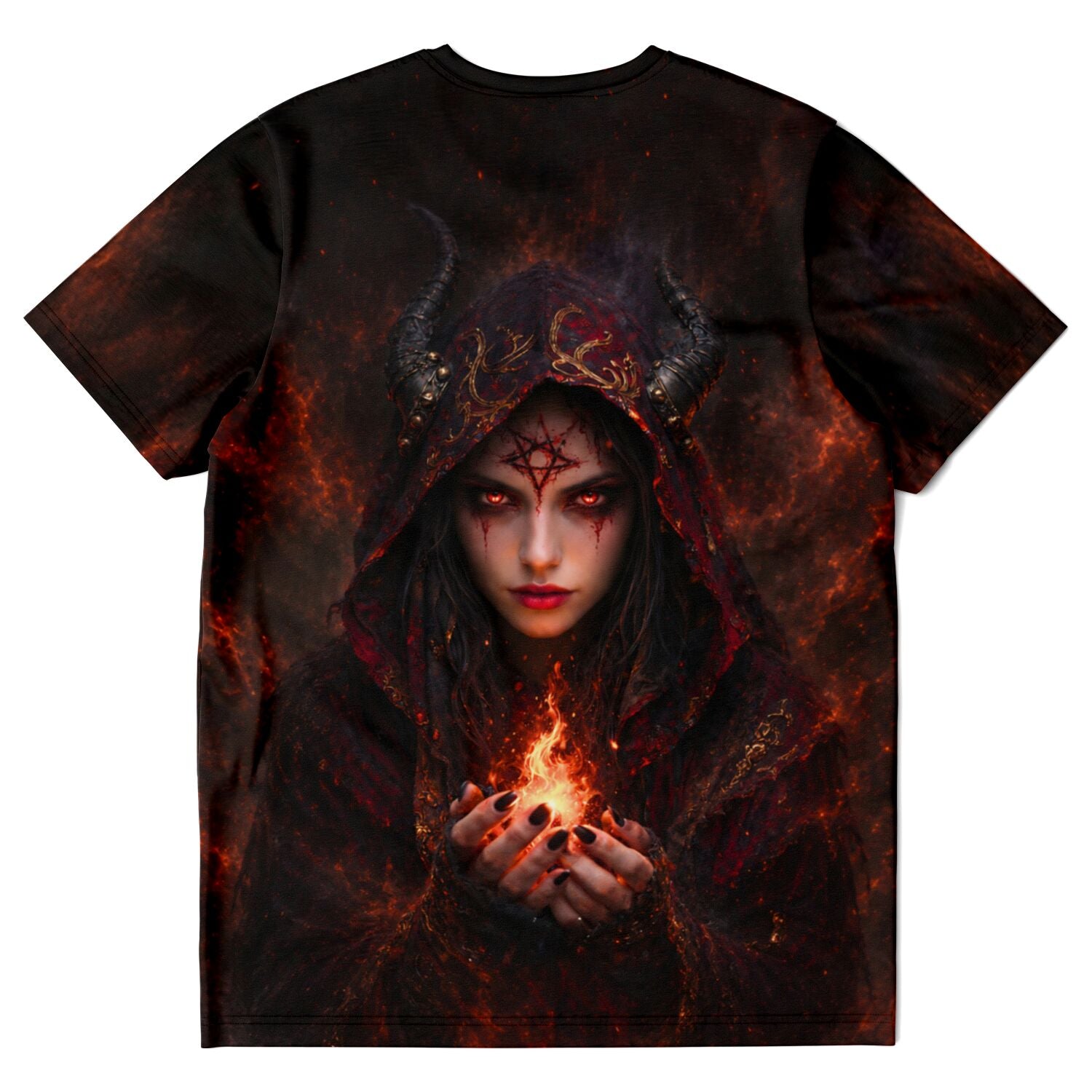 Schwarzes T-Shirt mit Lilith Motiv: Frau mit Hörnern, Pentagramm und flammenden Händen in mystischem Dark-Fantasy-Design.