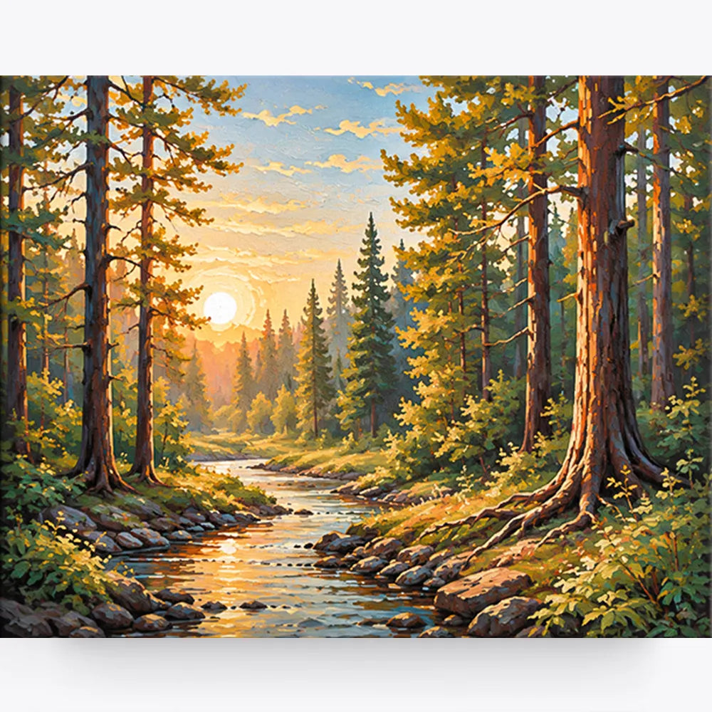 Malen nach Zahlen für Erwachsene Motiv: Waldlandschaft mit Fluss im Sonnenuntergang von Picmondoo