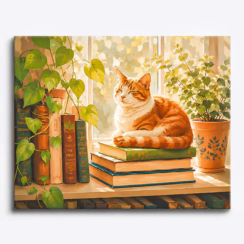 Malen nach Zahlen für Erwachsene Motiv: Orangerote Katze auf Büchern vor einem sonnigen Fenster im gemütlichen Stil
