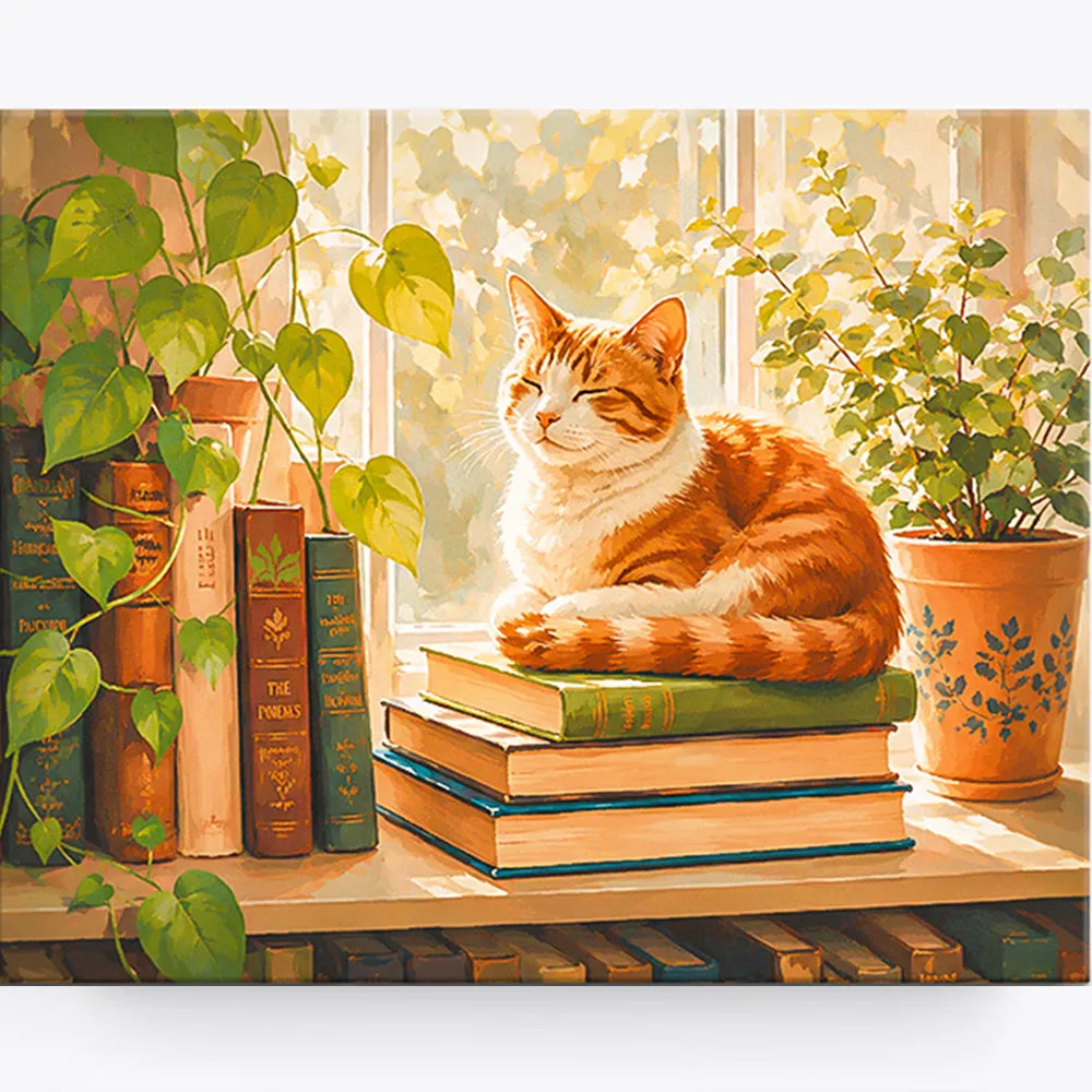 Malen nach Zahlen für Erwachsene: Orangerote Katze auf Büchern in warmem Sonnenlicht, entspanntes Motiv für Hobbykünstler.