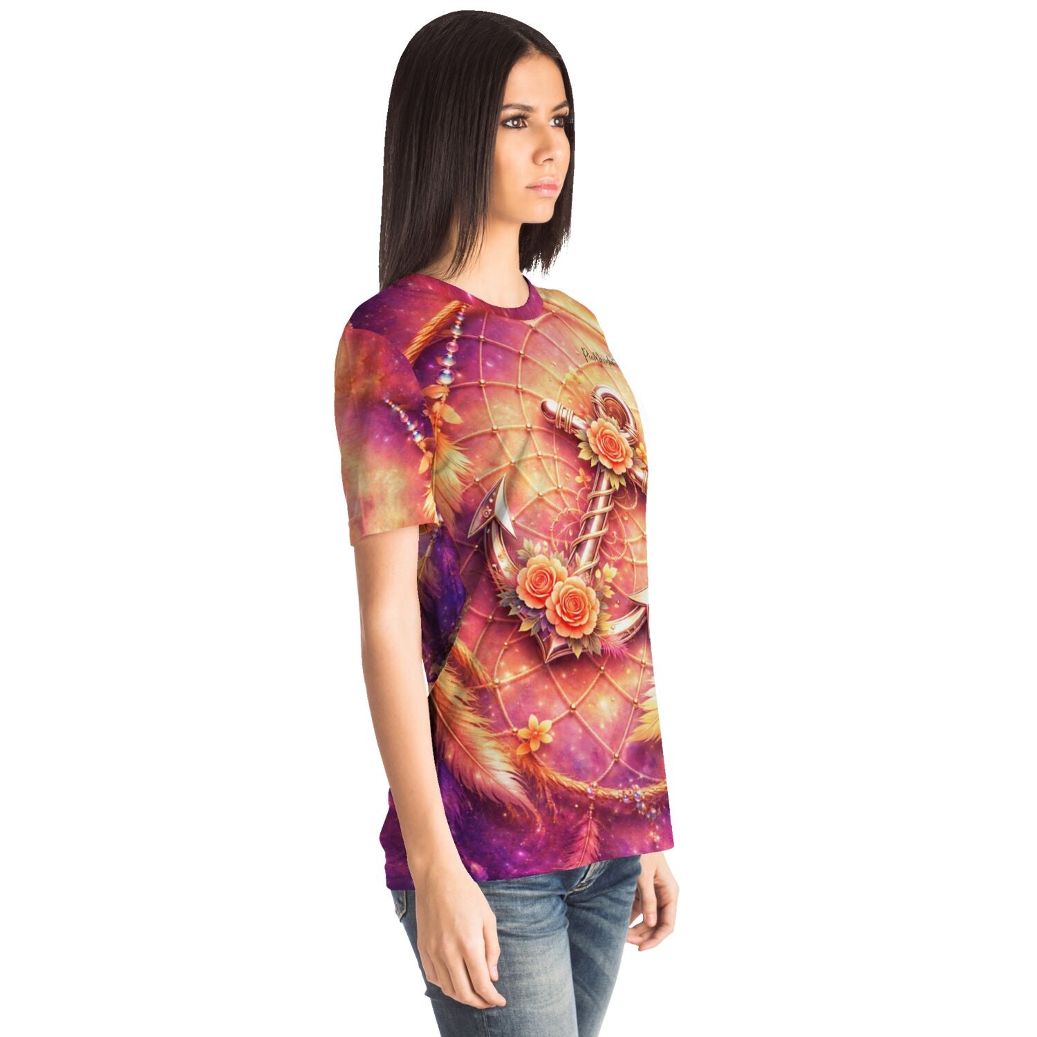 T-Shirt mit buntem Dreamer-Motiv, Anker und Rosen im Stil beliebter Diamond Painting und Malen nach Zahlen Designs.