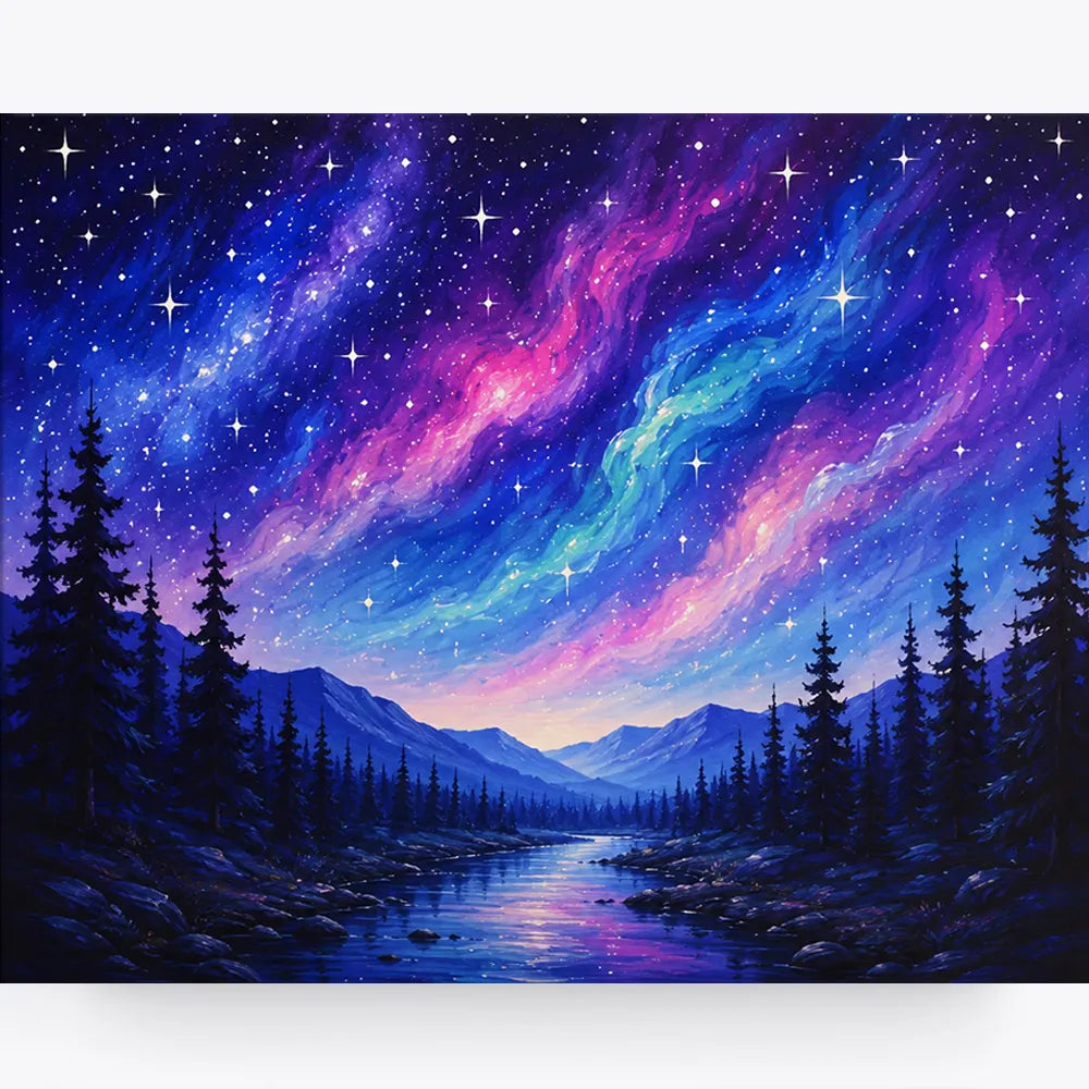 Malen nach Zahlen für Erwachsene: Bunte Sternenhimmel-Landschaft mit leuchtendem Nebel über Bergen und Fluss.