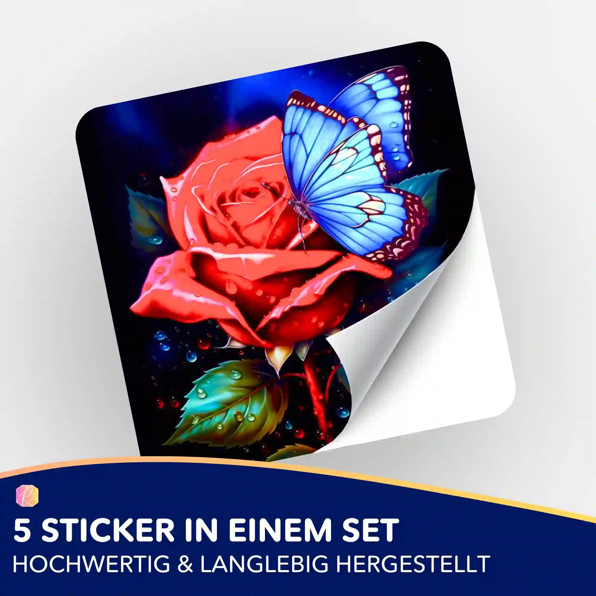 Aufkleber 5er-Set - Rote Rose trifft blauen Schmetterling